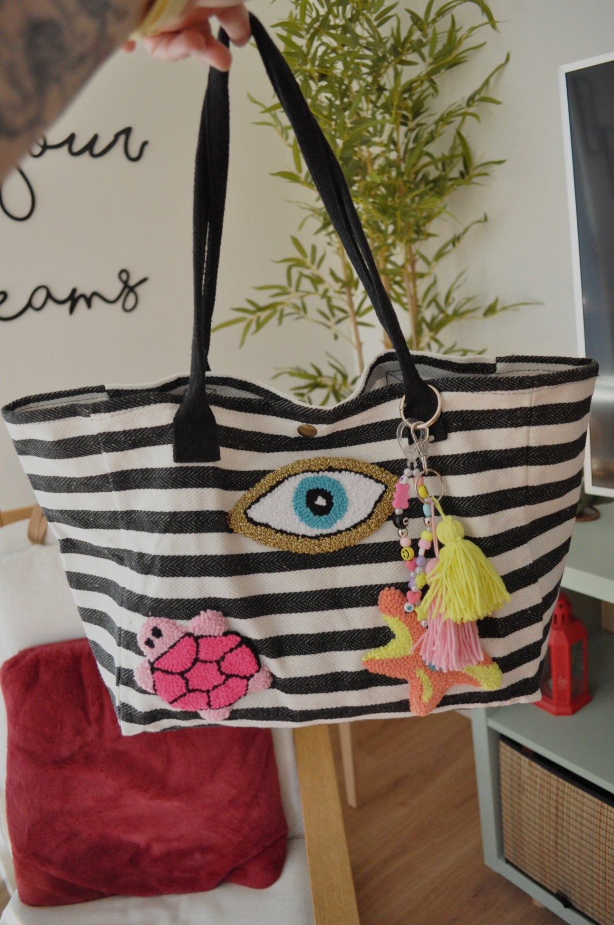 Colourful Striped Tufted Bag