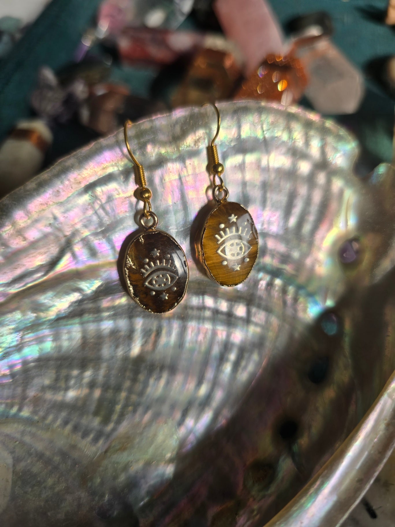 Tigers eye all seeing eye earrings