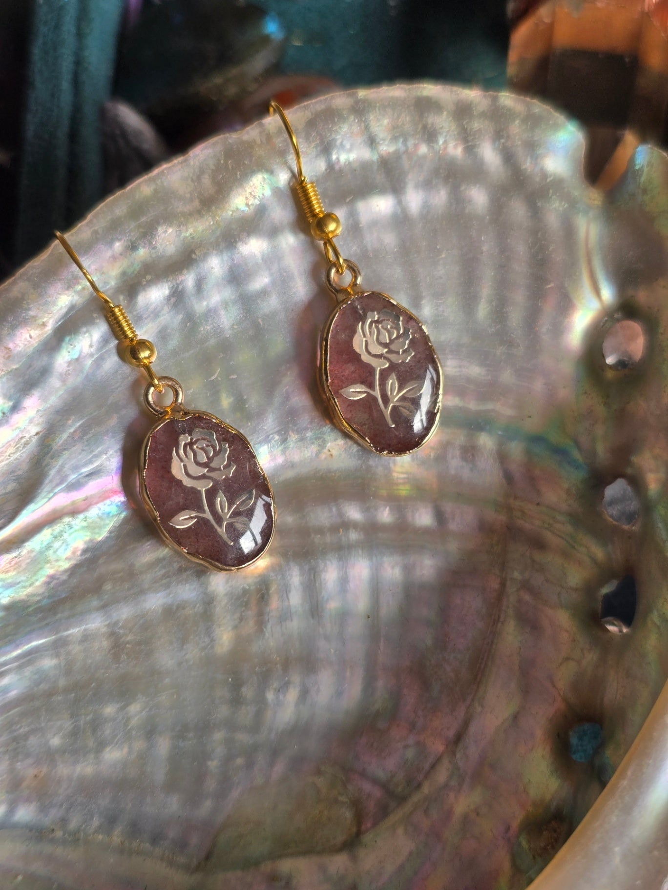 Strawberry quartz rose earrings