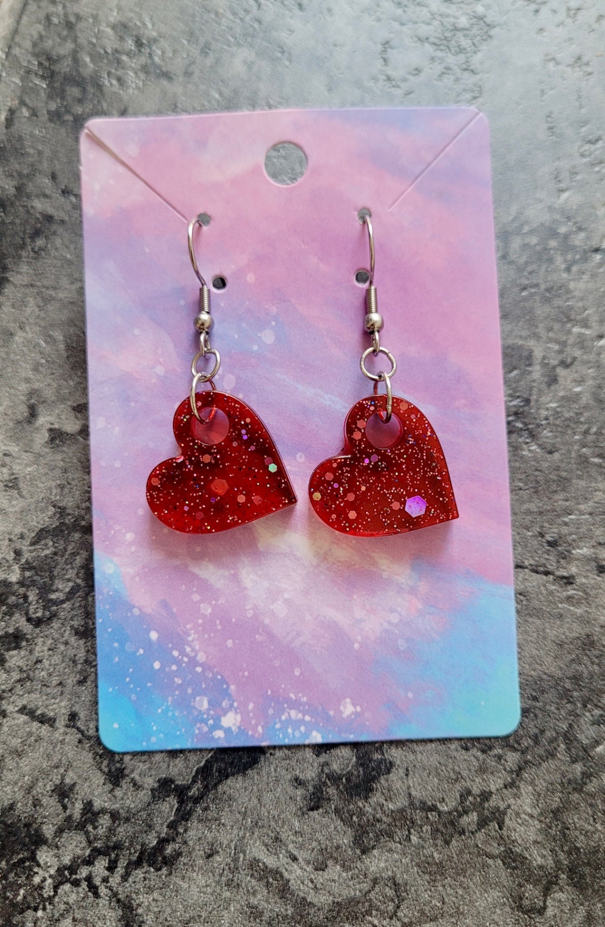Red Glitter Heart Earrings – Handmade Resin with Stainless Steel Hooks | Sketchy & Spicy