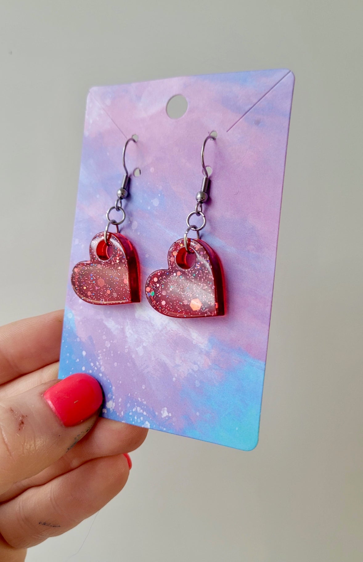 Red Glitter Heart Earrings – Handmade Resin with Stainless Steel Hooks | Sketchy & Spicy