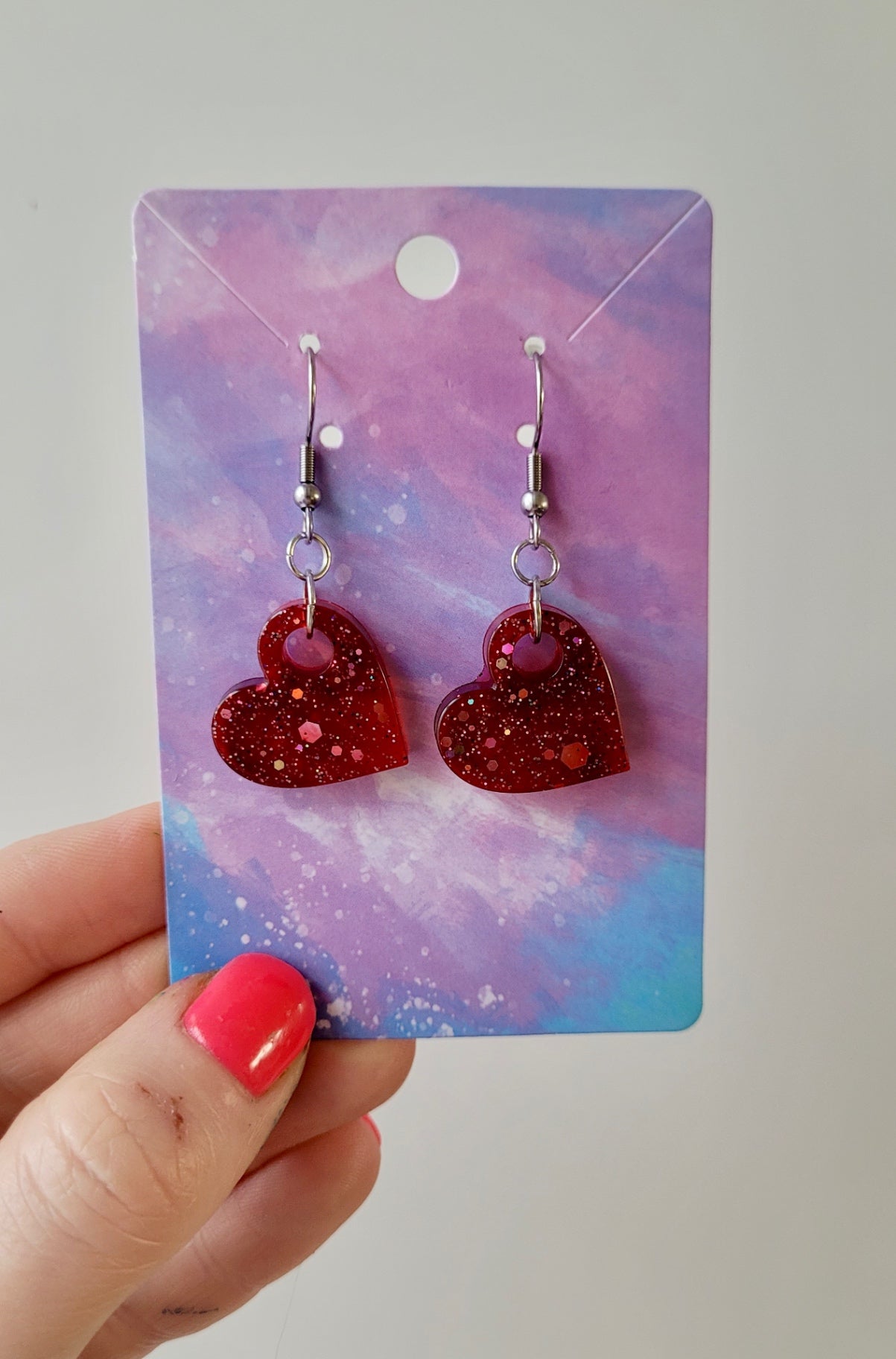 Red Glitter Heart Earrings – Handmade Resin with Stainless Steel Hooks | Sketchy & Spicy