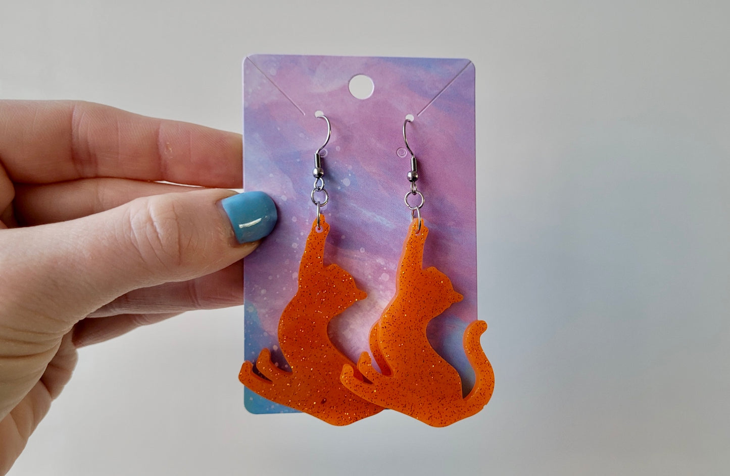 Orange Glitter Cat Earrings – Handmade Resin with Stainless Steel Hooks | Sketchy & Spicy
