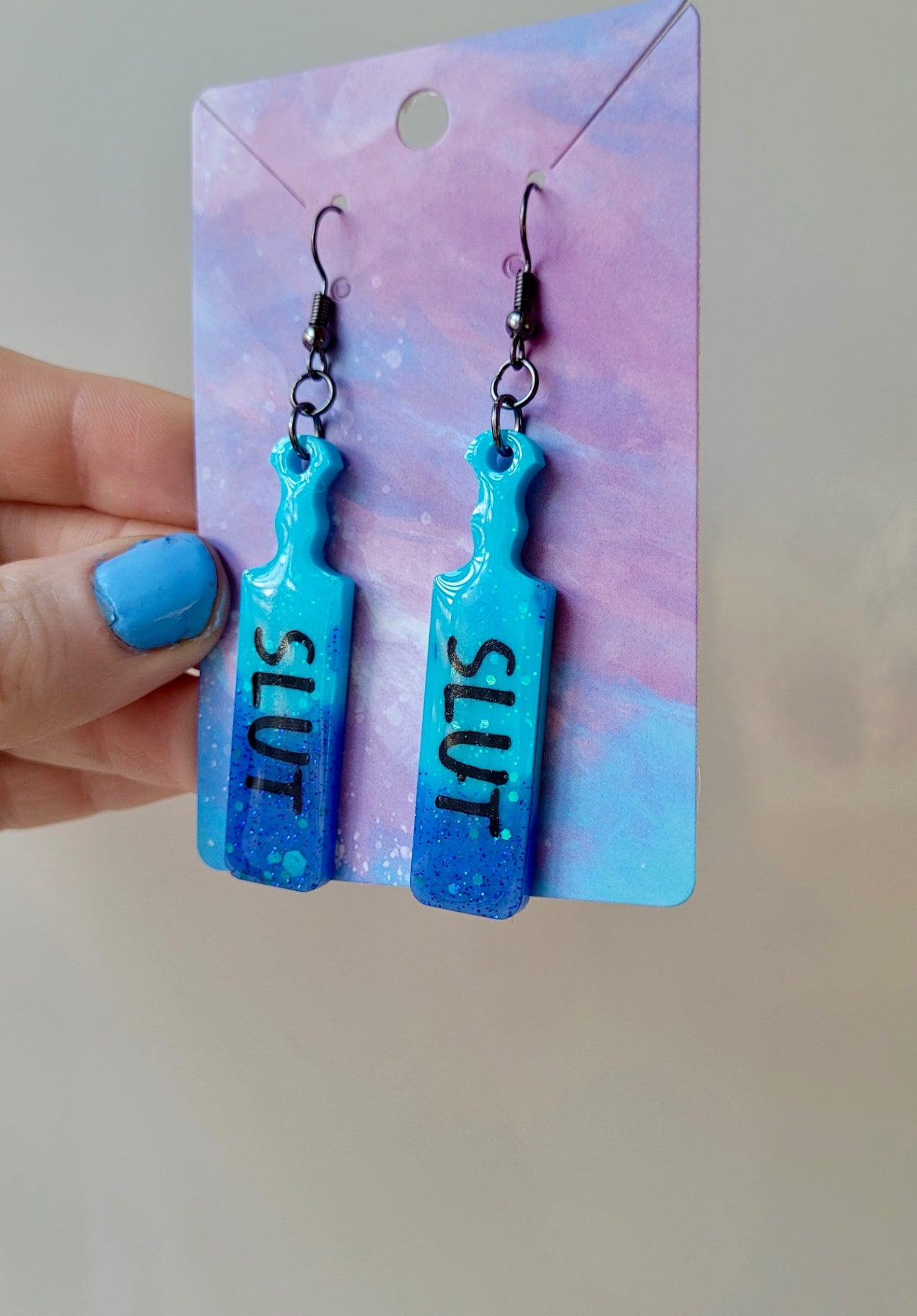 Dip-Dye Paddle Earrings – “SLUT” Statement - Blue Glitter