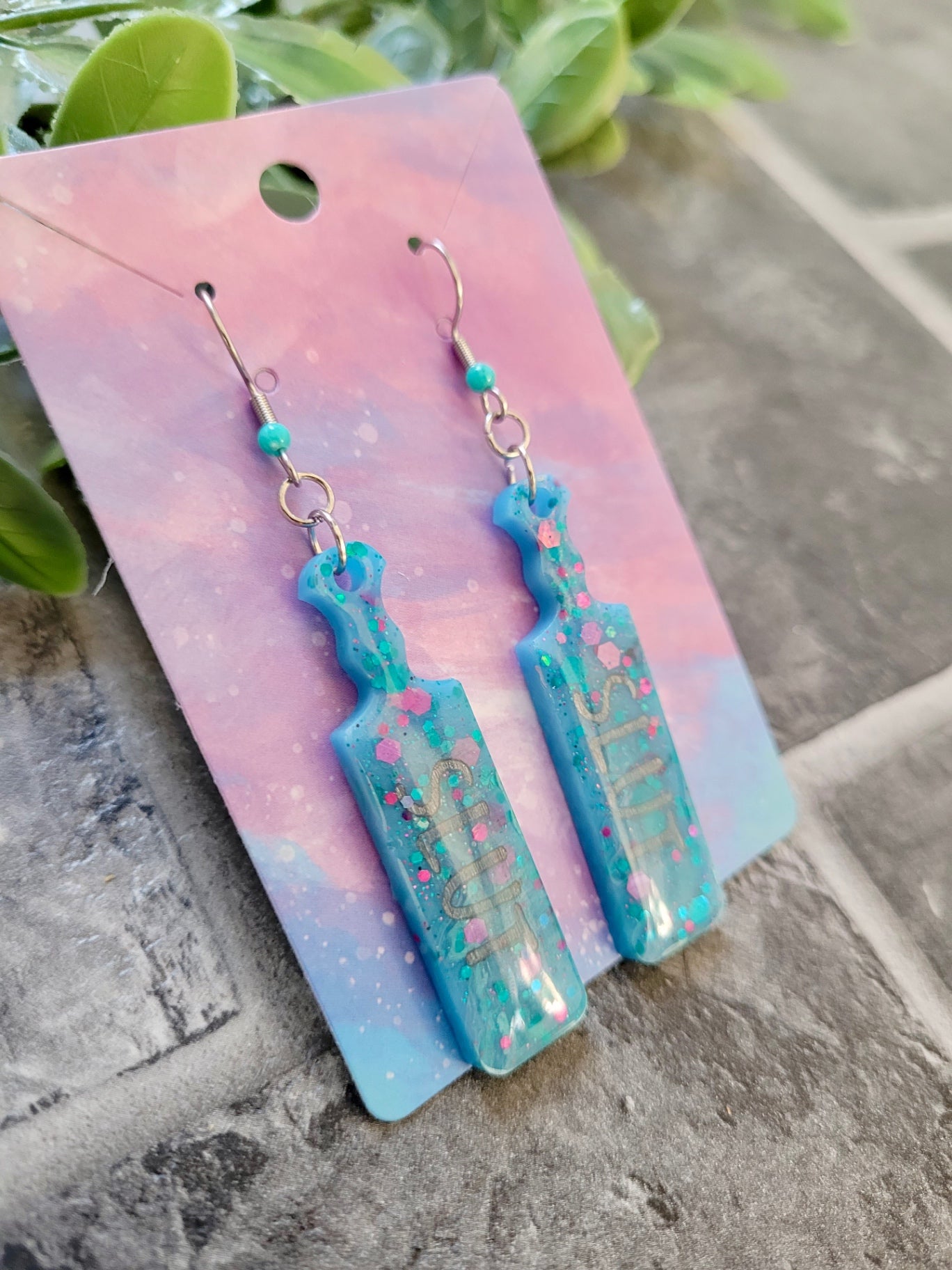 SLUT Paddle Earrings – Blue Resin Glitter Statement Jewellery by Sketchy & Spicy
