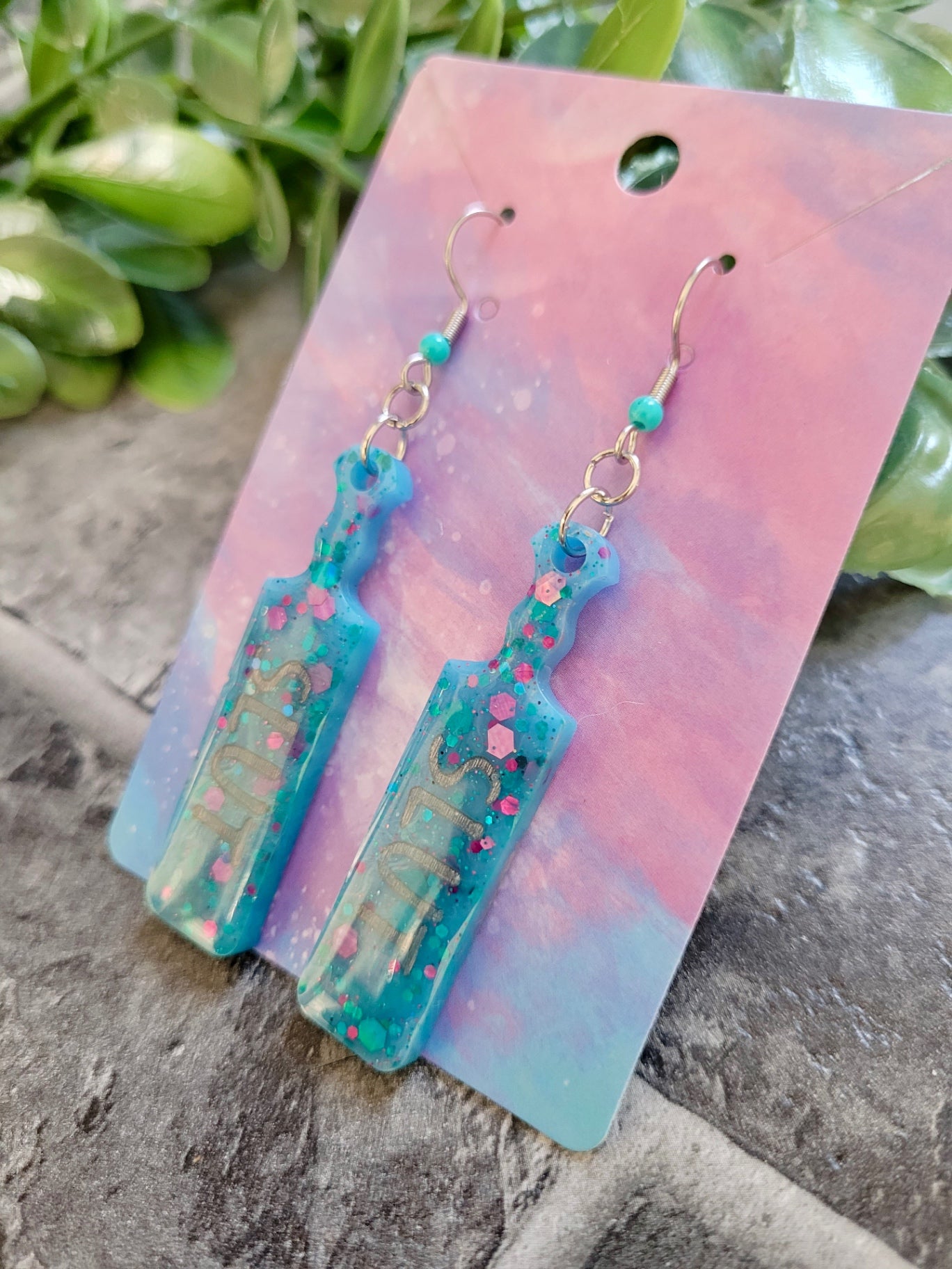 SLUT Paddle Earrings – Blue Resin Glitter Statement Jewellery by Sketchy & Spicy