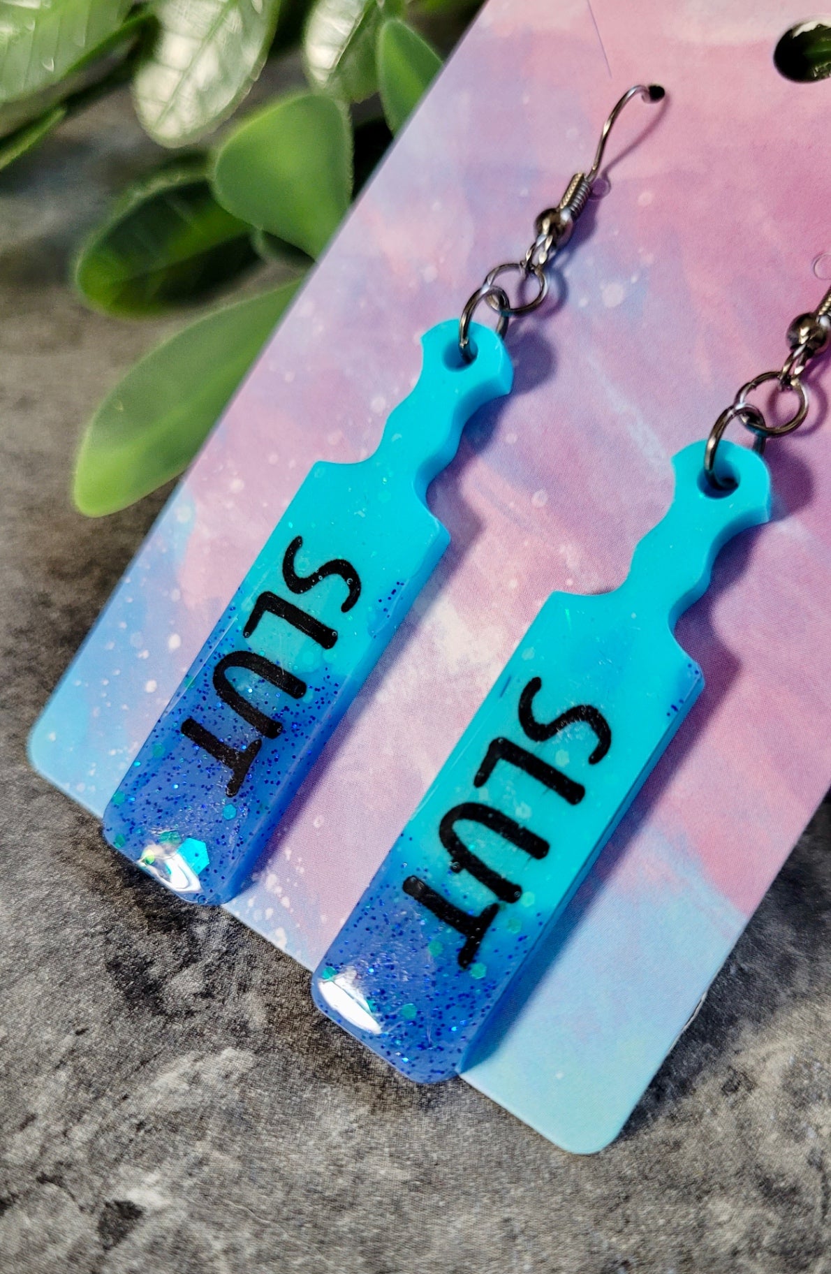 Dip-Dye Paddle Earrings – “SLUT” Statement - Blue Glitter