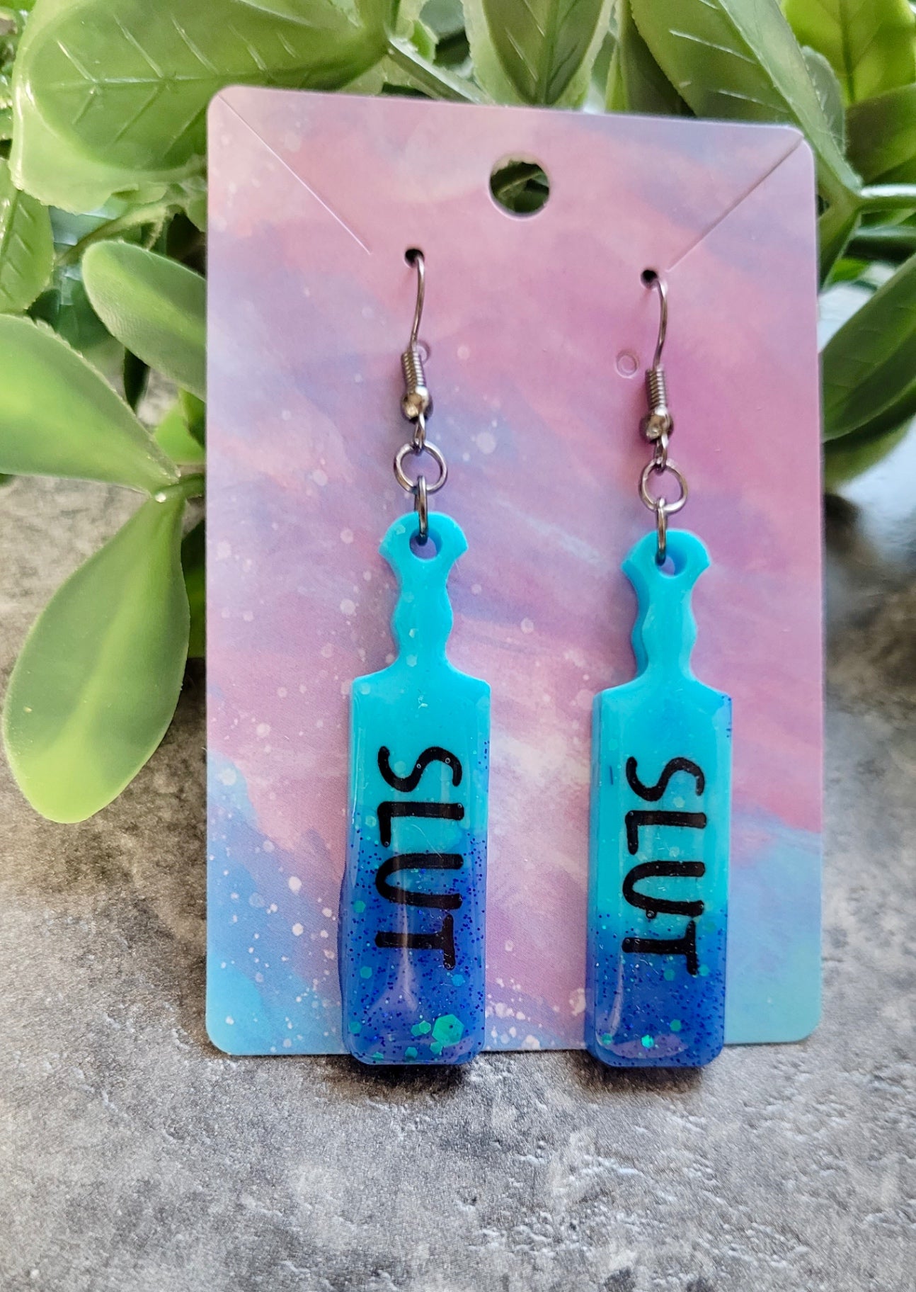 Dip-Dye Paddle Earrings – “SLUT” Statement - Blue Glitter