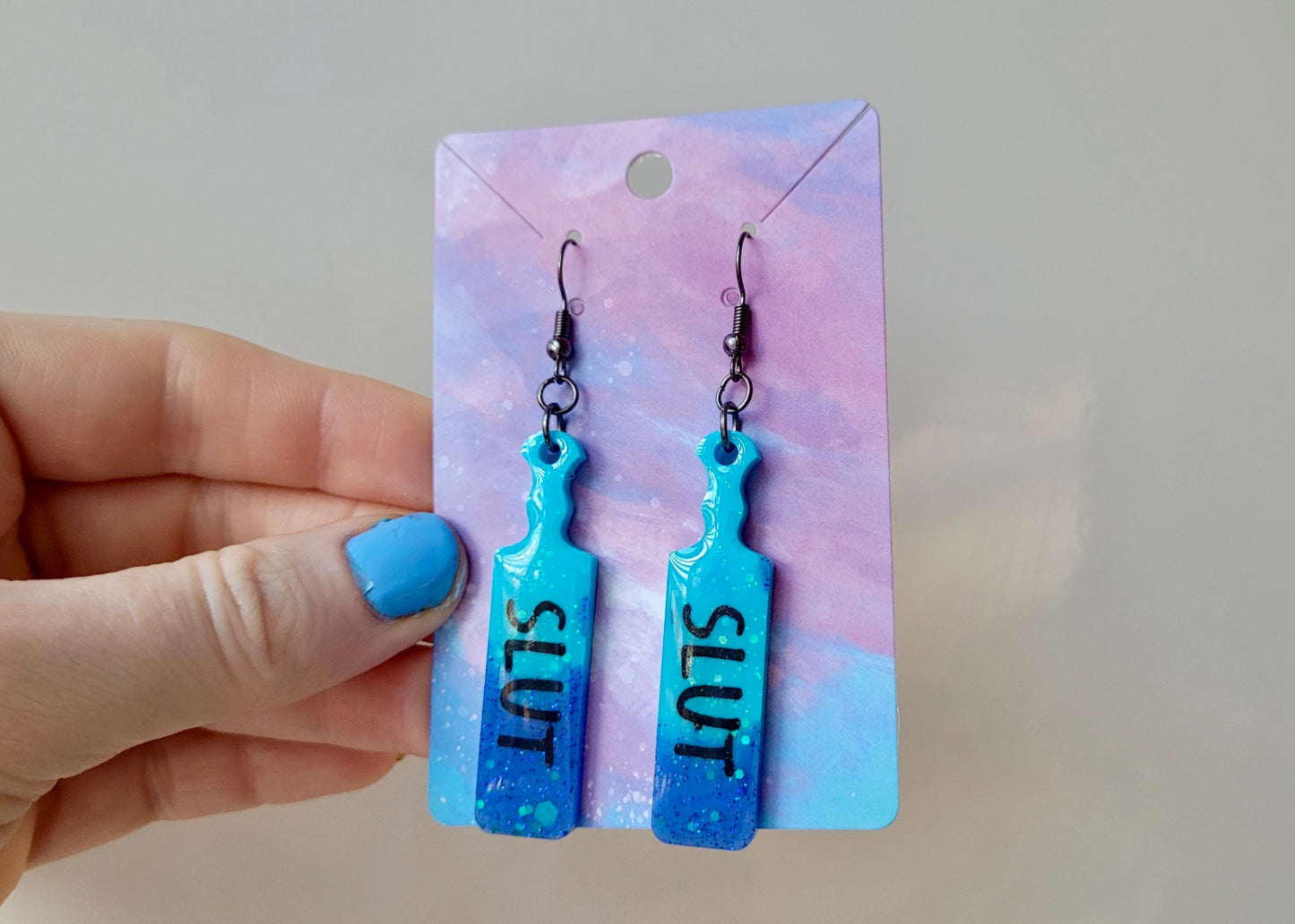 Dip-Dye Paddle Earrings – “SLUT” Statement - Blue Glitter