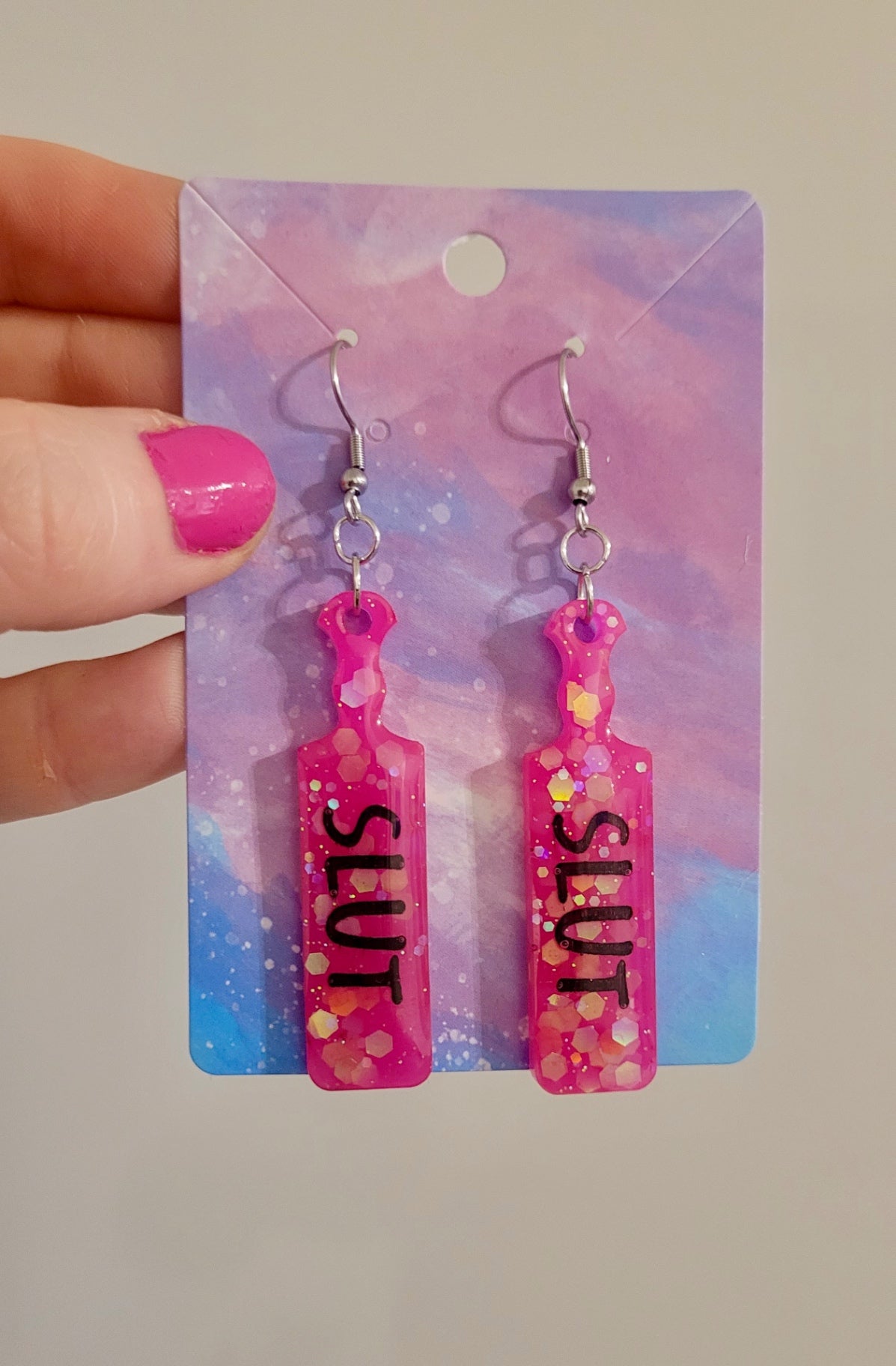 Hot Pink Glitter Paddle Earrings – ‘SLUT’ Text – Bold Resin Alt Jewellery