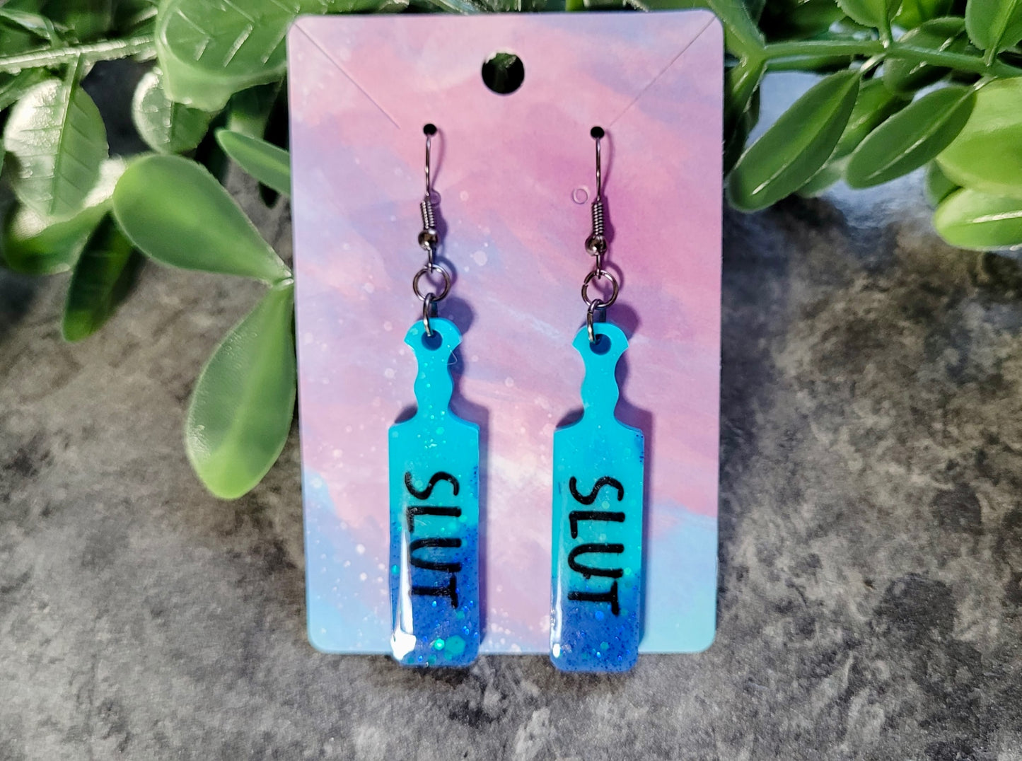 Dip-Dye Paddle Earrings – “SLUT” Statement - Blue Glitter