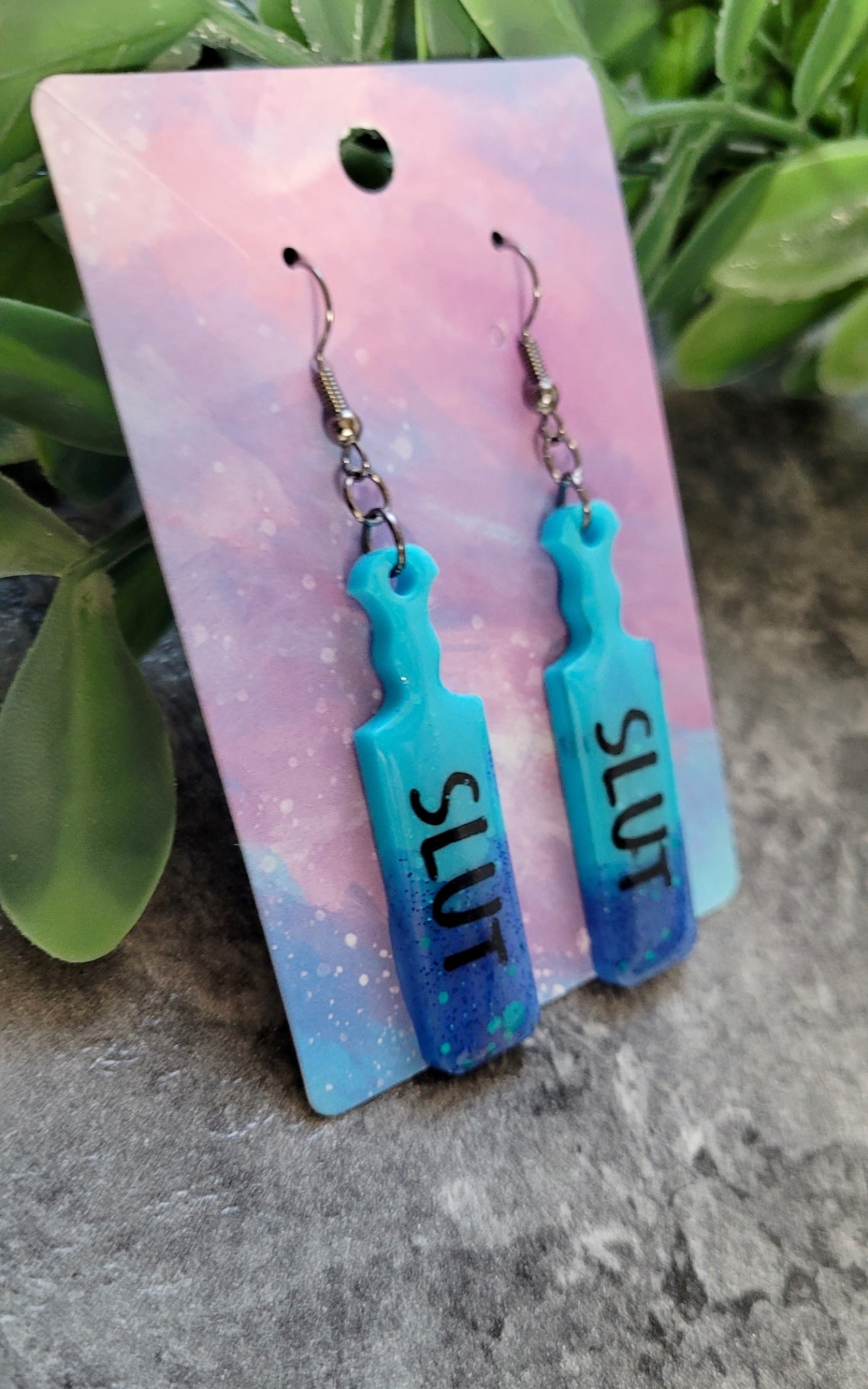 Dip-Dye Paddle Earrings – “SLUT” Statement - Blue Glitter
