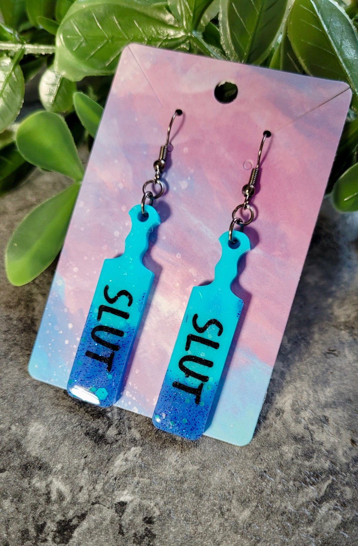 Dip-Dye Paddle Earrings – “SLUT” Statement - Blue Glitter