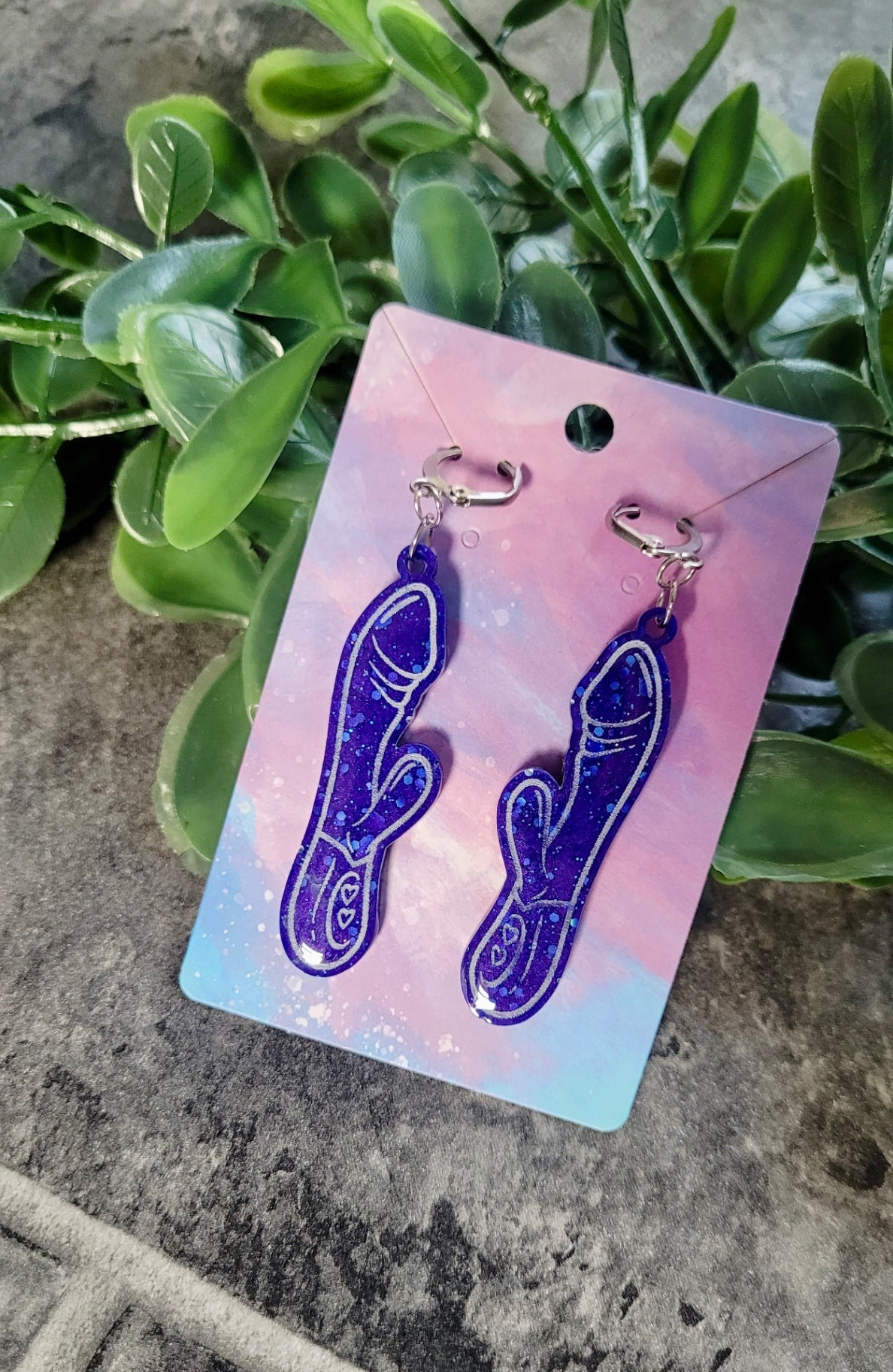 Deep Blue Glitter Rabbit Vibrator Earrings – Resin Statement Dangles with Lever-Back Hoops