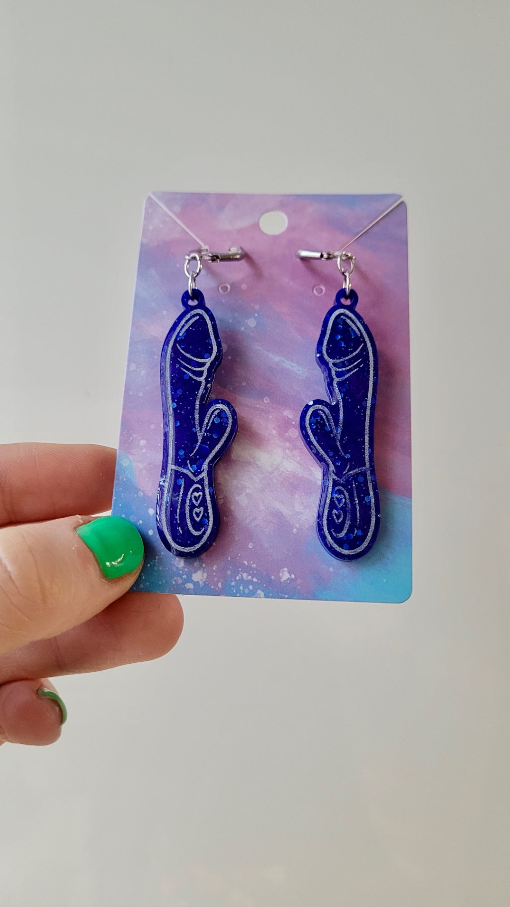 Deep Blue Glitter Rabbit Vibrator Earrings – Resin Statement Dangles with Lever-Back Hoops