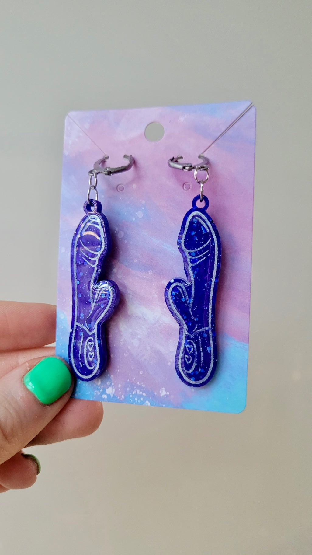 Deep Blue Glitter Rabbit Vibrator Earrings – Resin Statement Dangles with Lever-Back Hoops