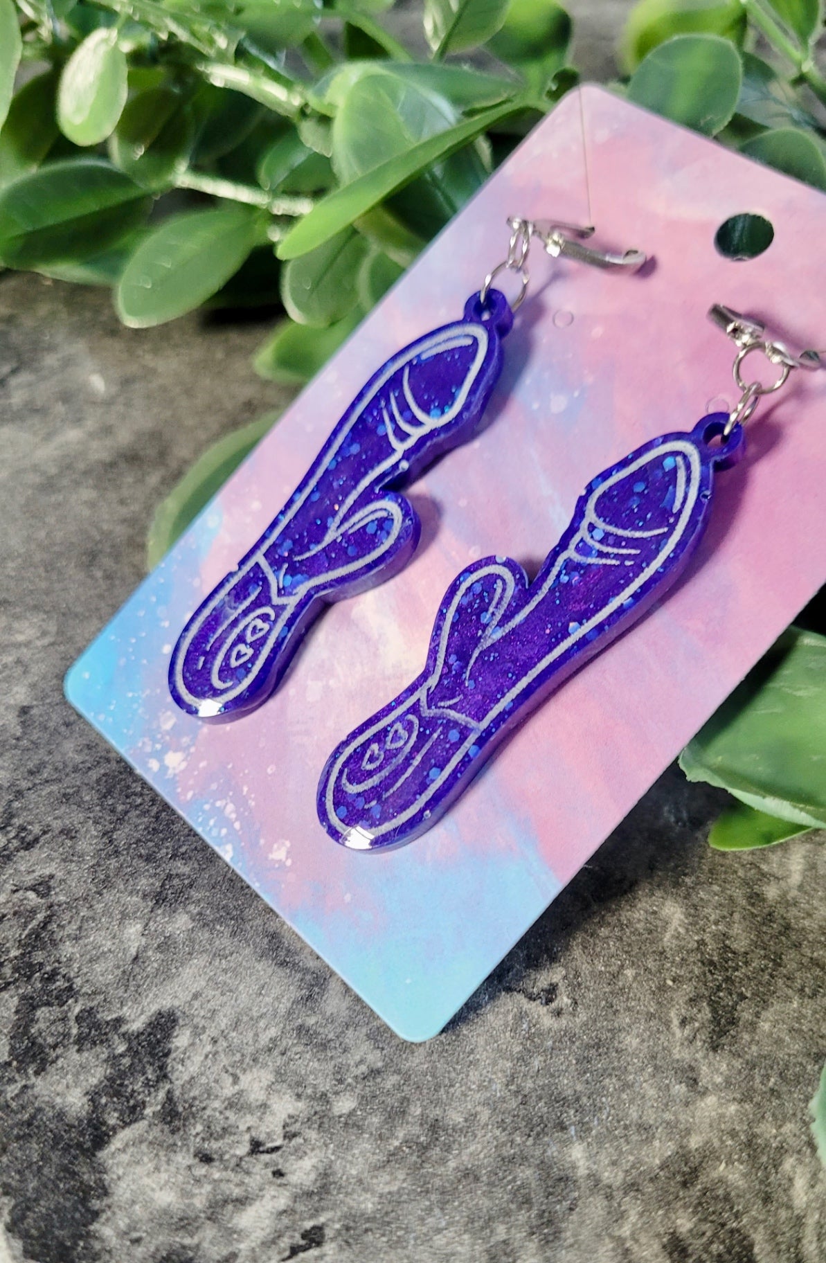 Deep Blue Glitter Rabbit Vibrator Earrings – Resin Statement Dangles with Lever-Back Hoops