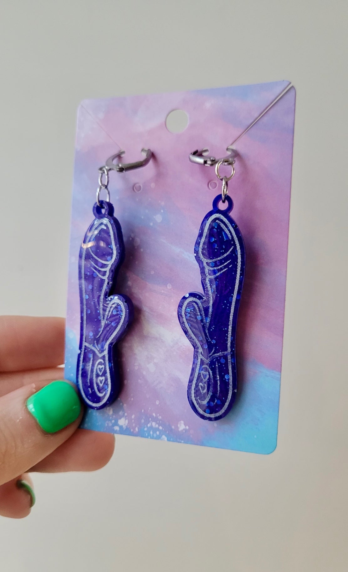 Deep Blue Glitter Rabbit Vibrator Earrings – Resin Statement Dangles with Lever-Back Hoops