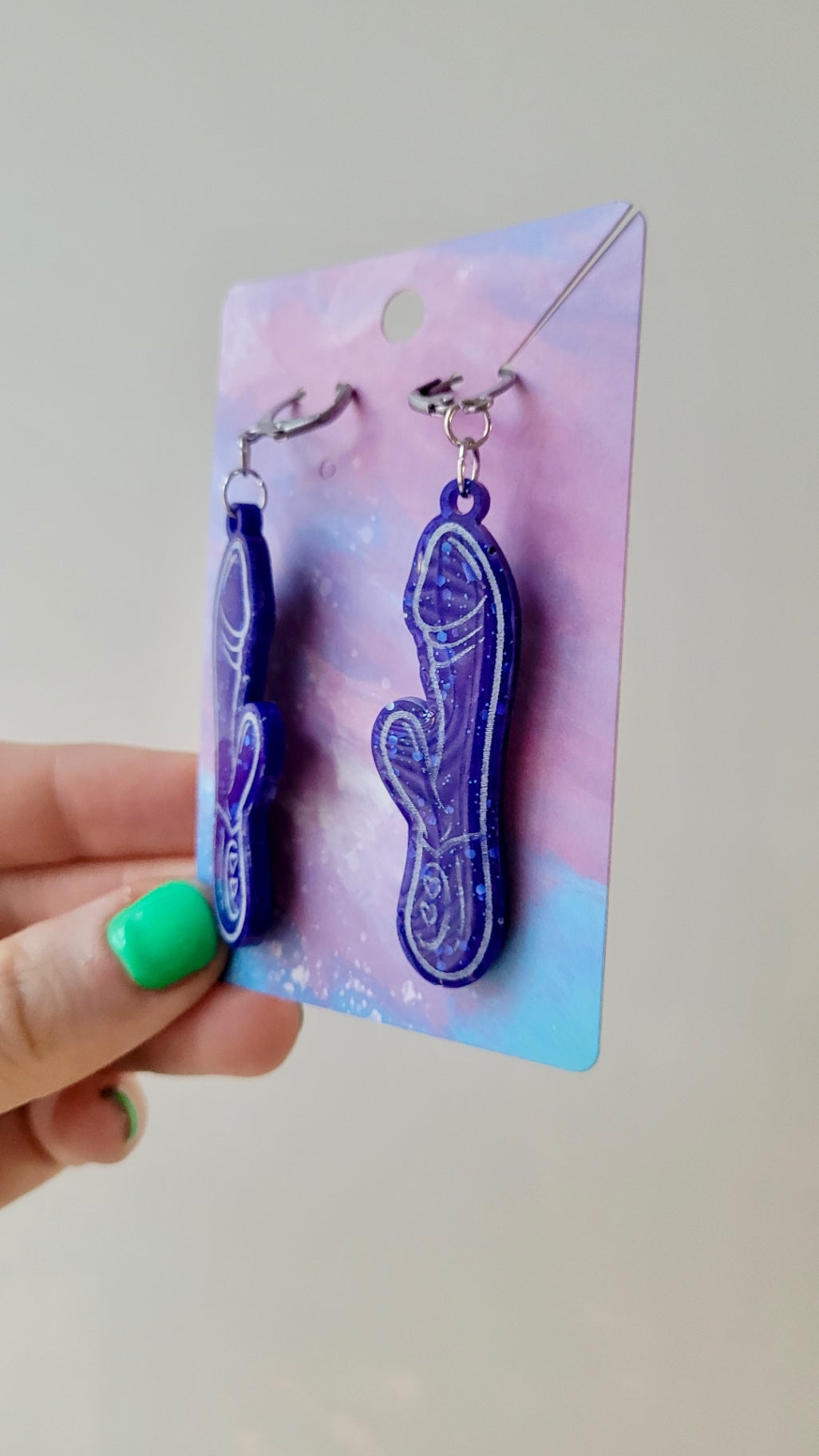 Deep Blue Glitter Rabbit Vibrator Earrings – Resin Statement Dangles with Lever-Back Hoops