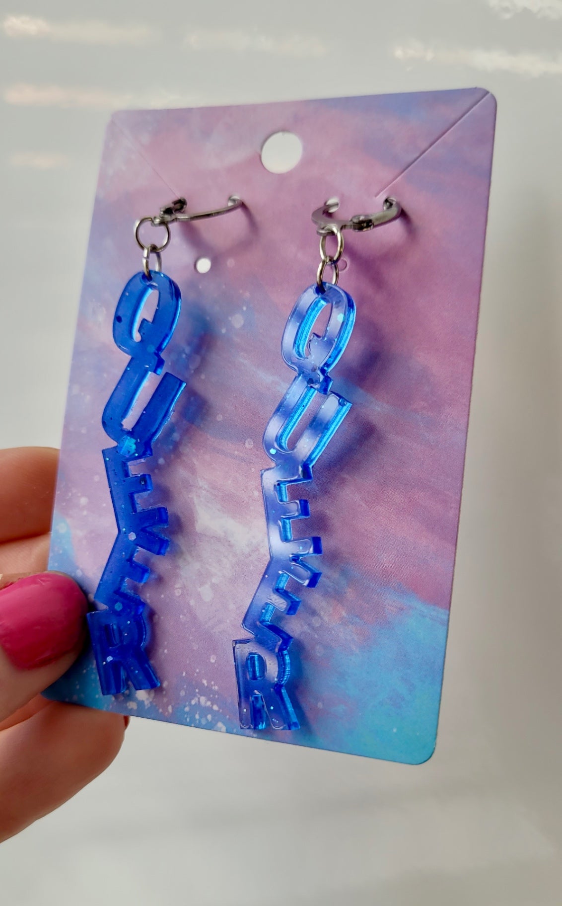 Dark Blue QUEER Dangle Earrings – Handmade Resin LGBTQ+ Pride Statement Jewellery