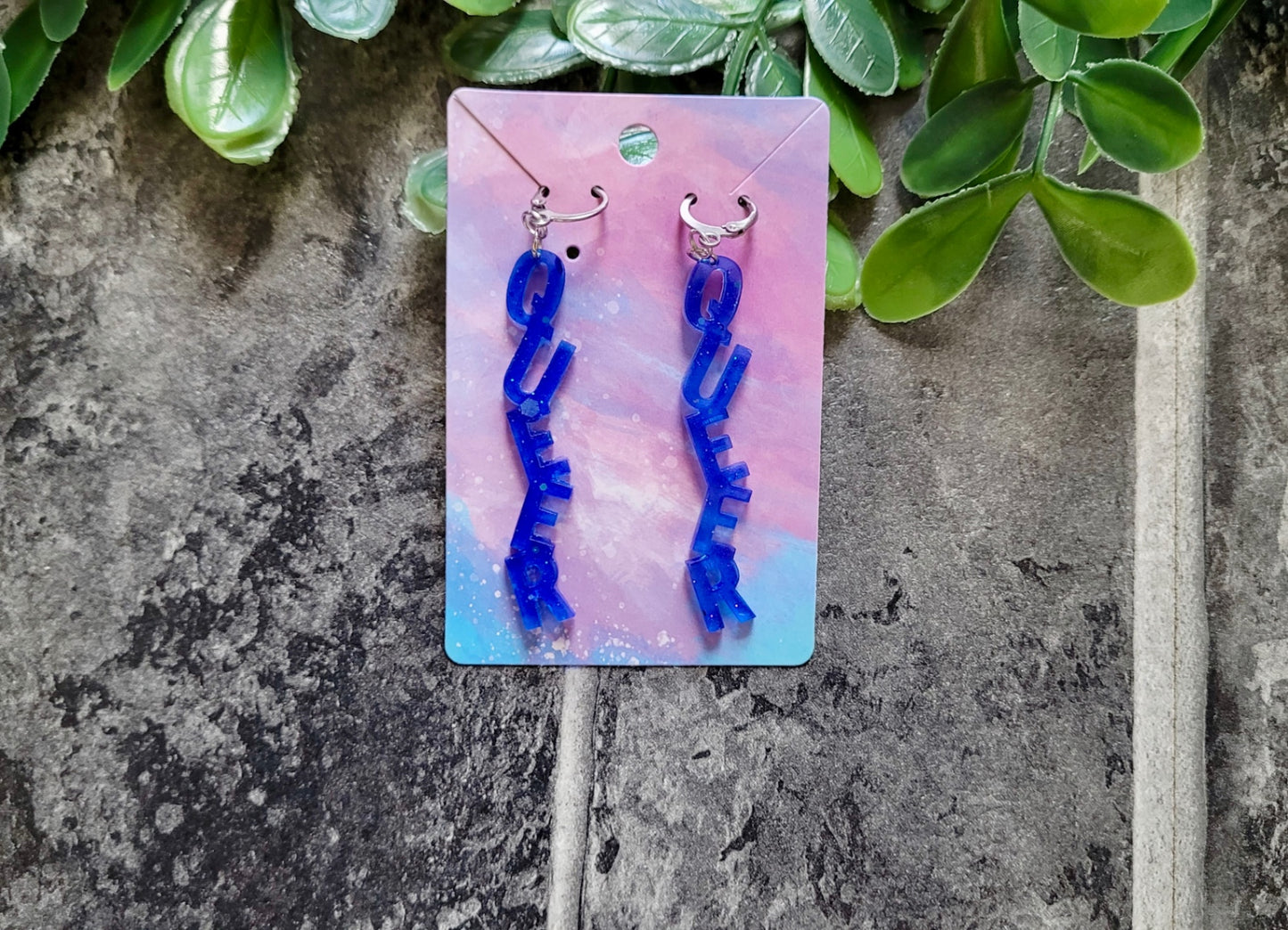 Dark Blue QUEER Dangle Earrings – Handmade Resin LGBTQ+ Pride Statement Jewellery