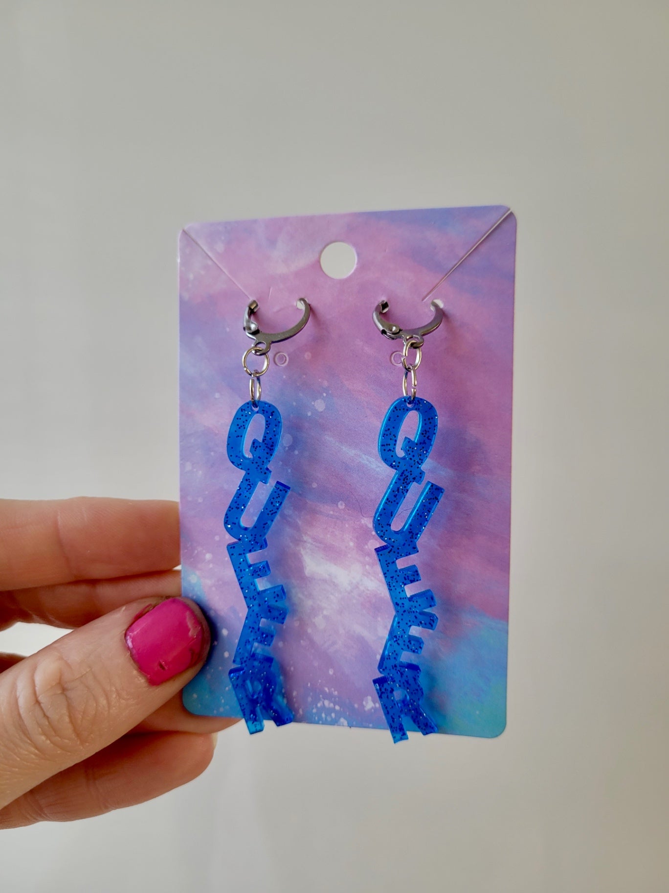 Light Blue Glitter QUEER Dangle Earrings with Leverback Hoops– Handmade Resin LGBTQ+ Pride Statement Jewellery
