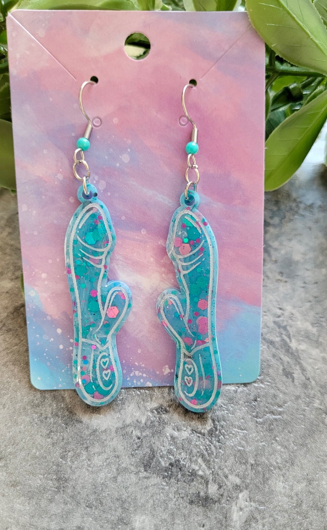 Blue and Purple Glitter Rabbit Vibrator Earrings – Resin Statement Dangles with Stainless Steel Silver Shepherd Hooks