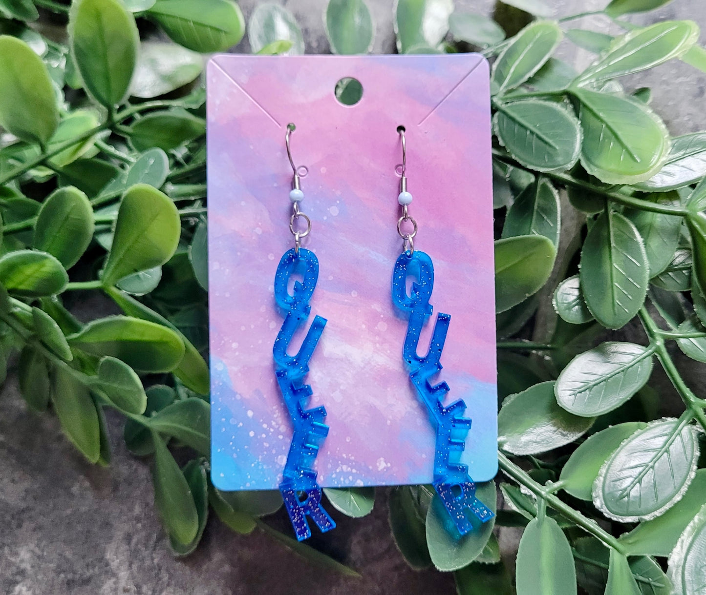 Light Blue Glitter “QUEER” Dangle Earrings with Shepherd Hooks – LGBTQ+ Statement