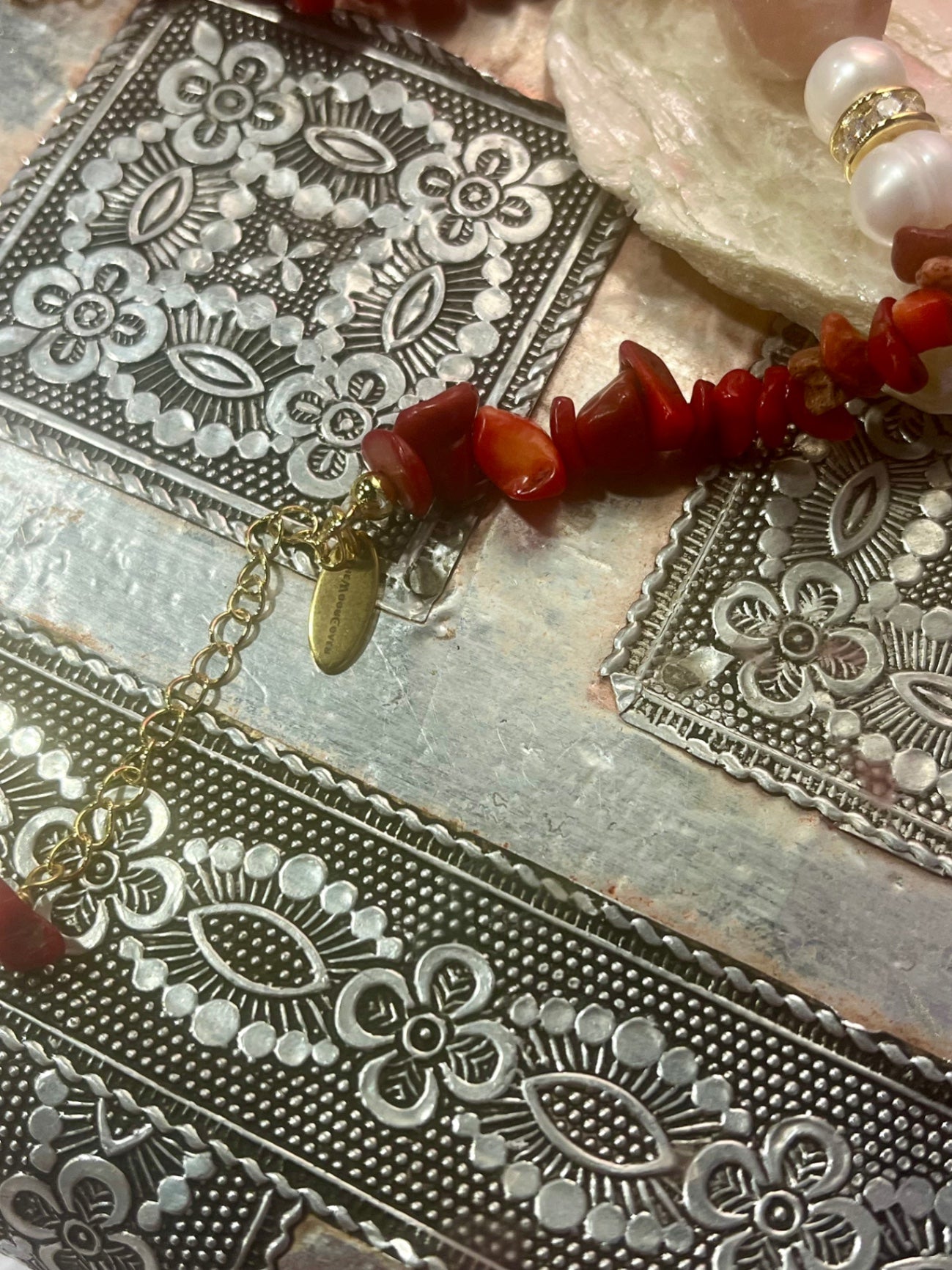 Red Coral & Biwa Pearl Bracelet