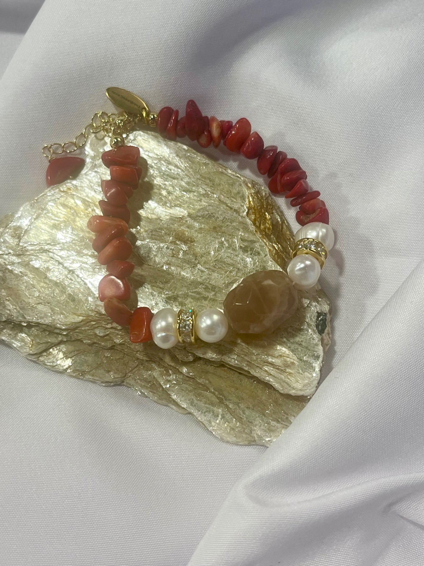 Red Coral & Biwa Pearl Bracelet