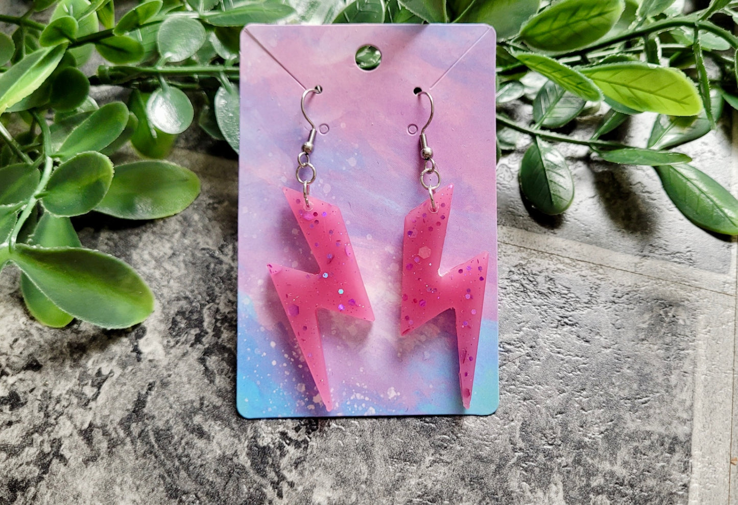 Pink Shimmer Lightning Bolt Earrings - Stainless Steel Hooks