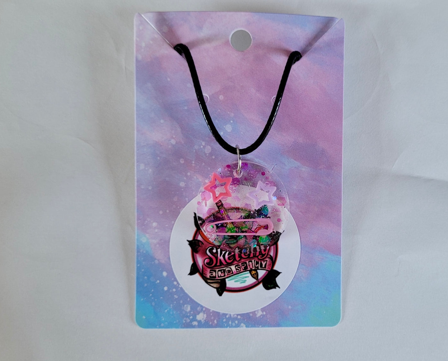 Pastel Star & Safety Pin Resin Necklace - Black Cord 50 + 5cm
