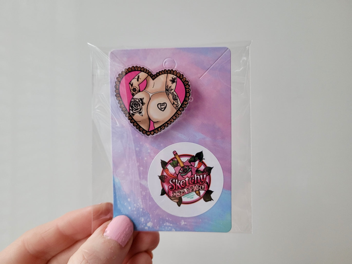 Good Girl Tattooed Bum Acrylic Pin Heart Badge