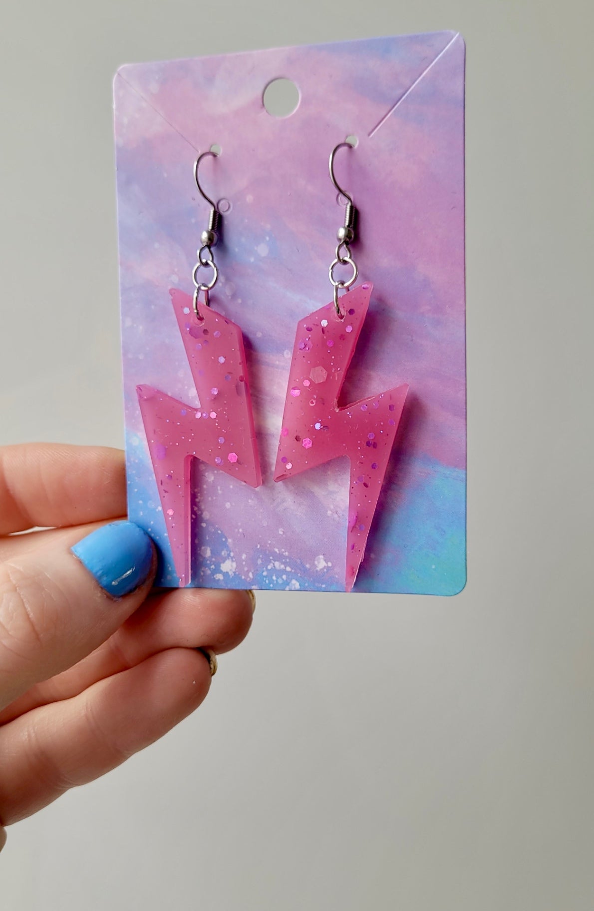Pink Shimmer Lightning Bolt Earrings - Stainless Steel Hooks