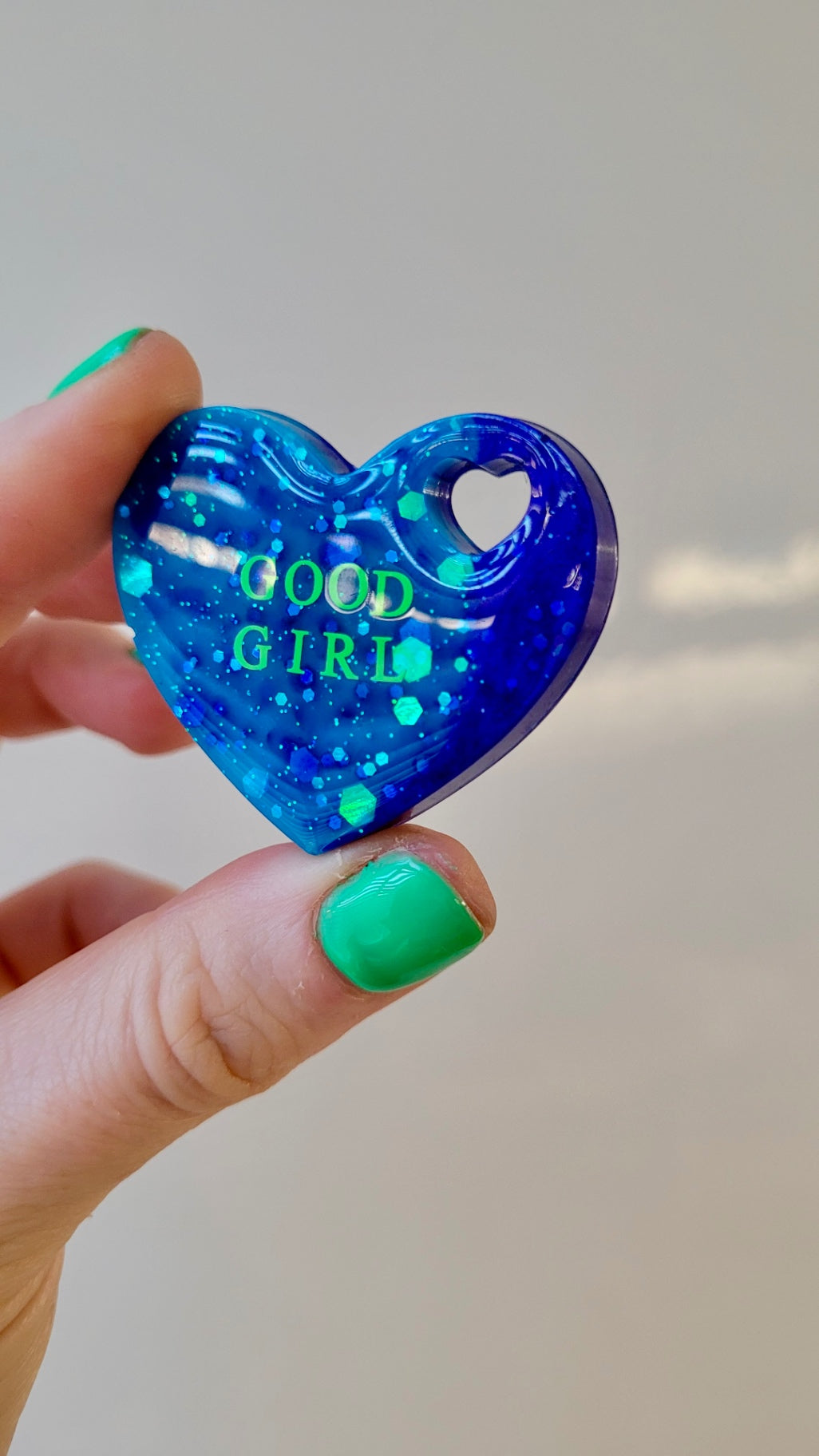 GOOD GIRL Resin Heart Pin Badge - Blue & Purple Glitter with Green Text