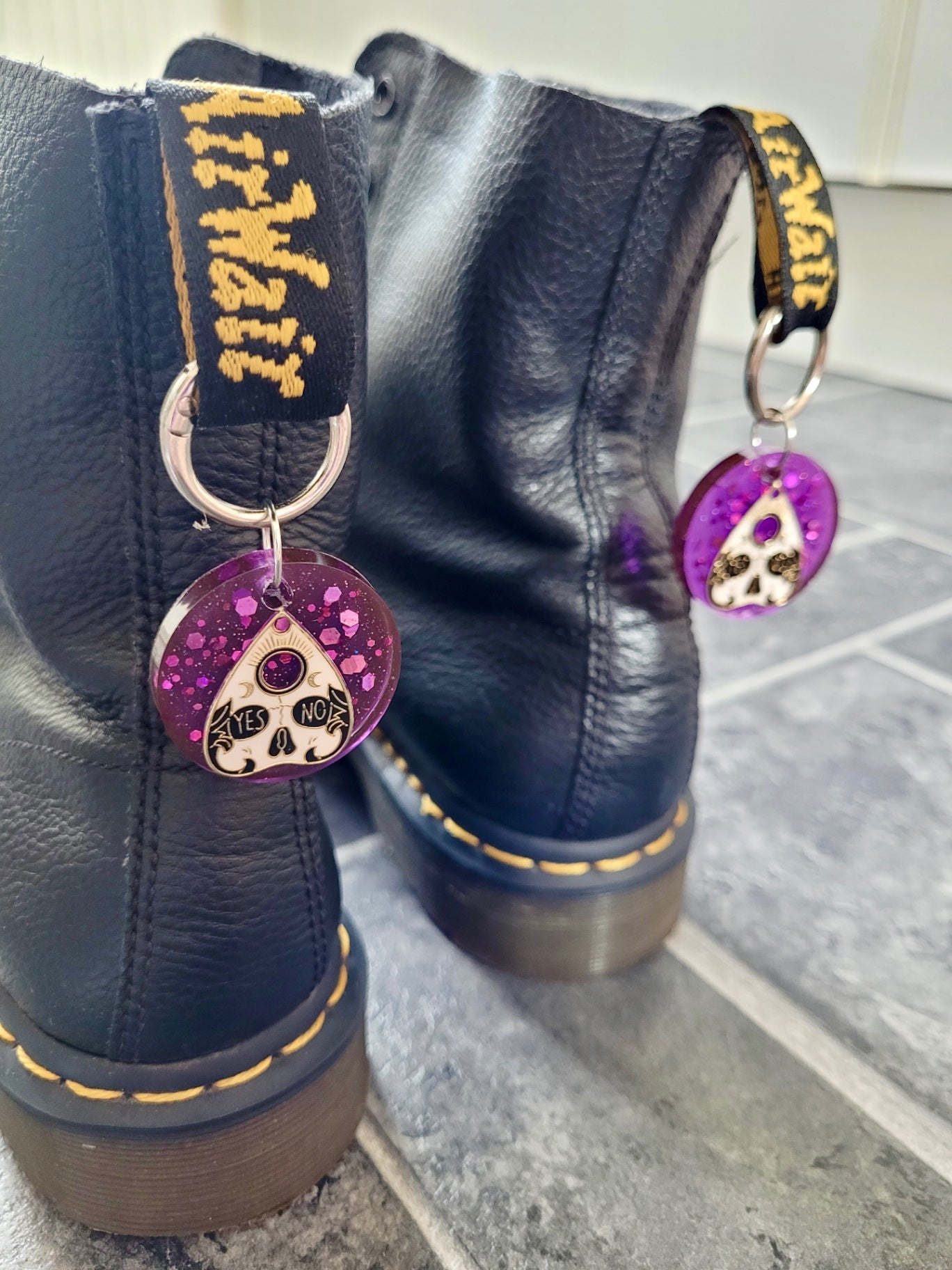 Witchy Ouija Boot Charms – Purple Glitter Resin with YES/NO Planchettes