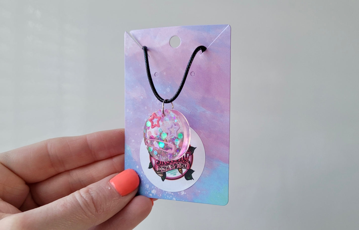 Pastel Star & Safety Pin Resin Necklace - Black Cord 50 + 5cm