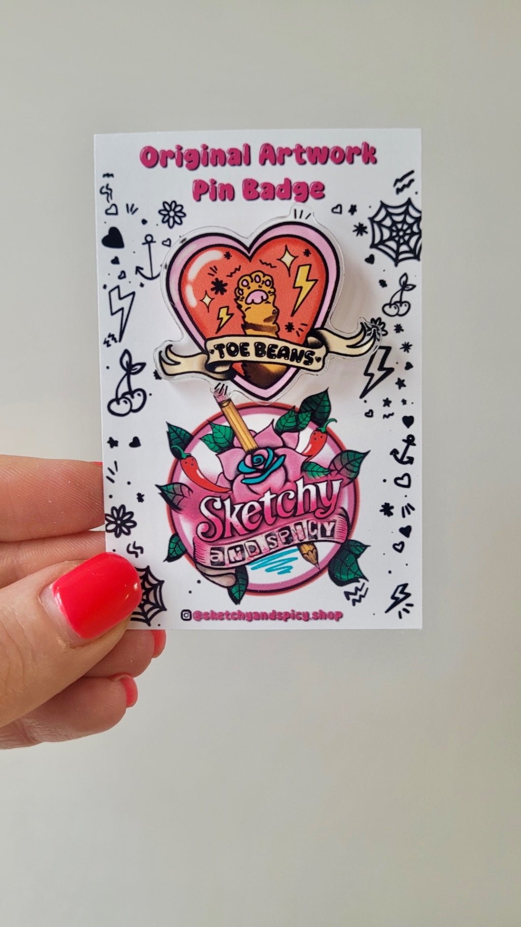 Toe Beans Acrylic Pin Badge – Cat Paw Tattoo Inspired Heart & Scroll Design