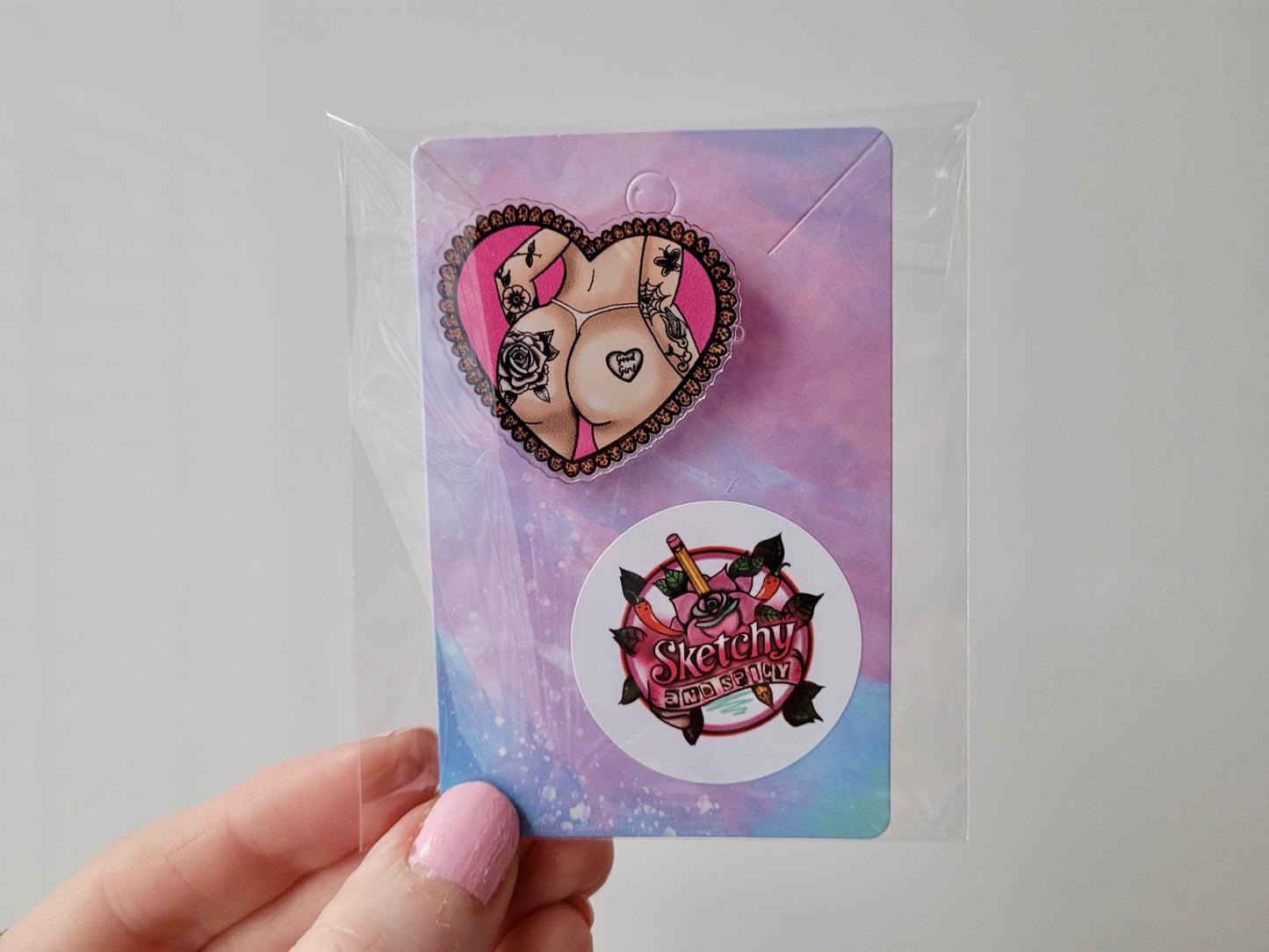 Good Girl Tattooed Bum Acrylic Pin Heart Badge