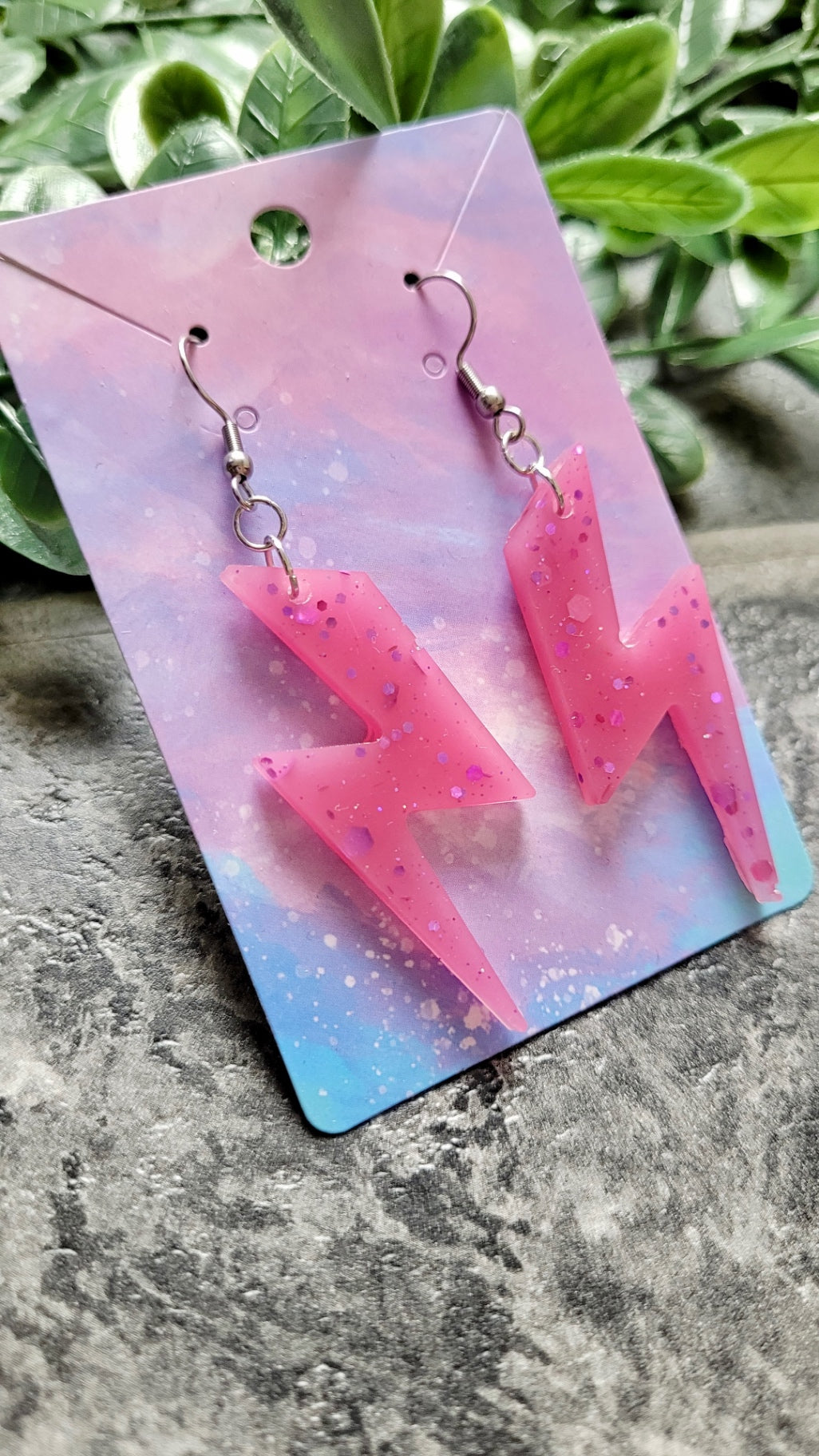 Pink Shimmer Lightning Bolt Earrings - Stainless Steel Hooks