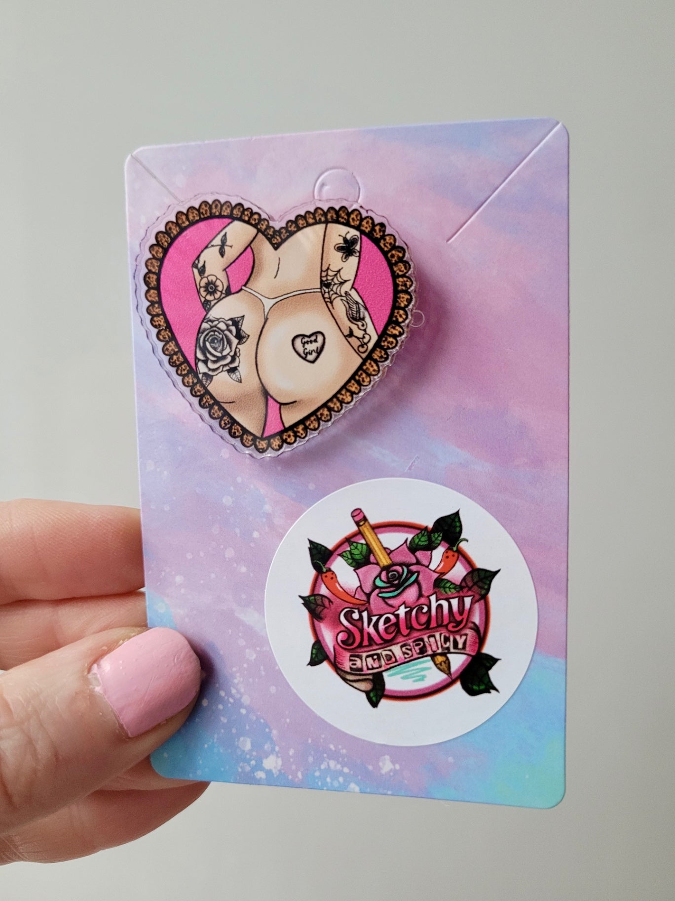 Good Girl Tattooed Bum Acrylic Pin Heart Badge
