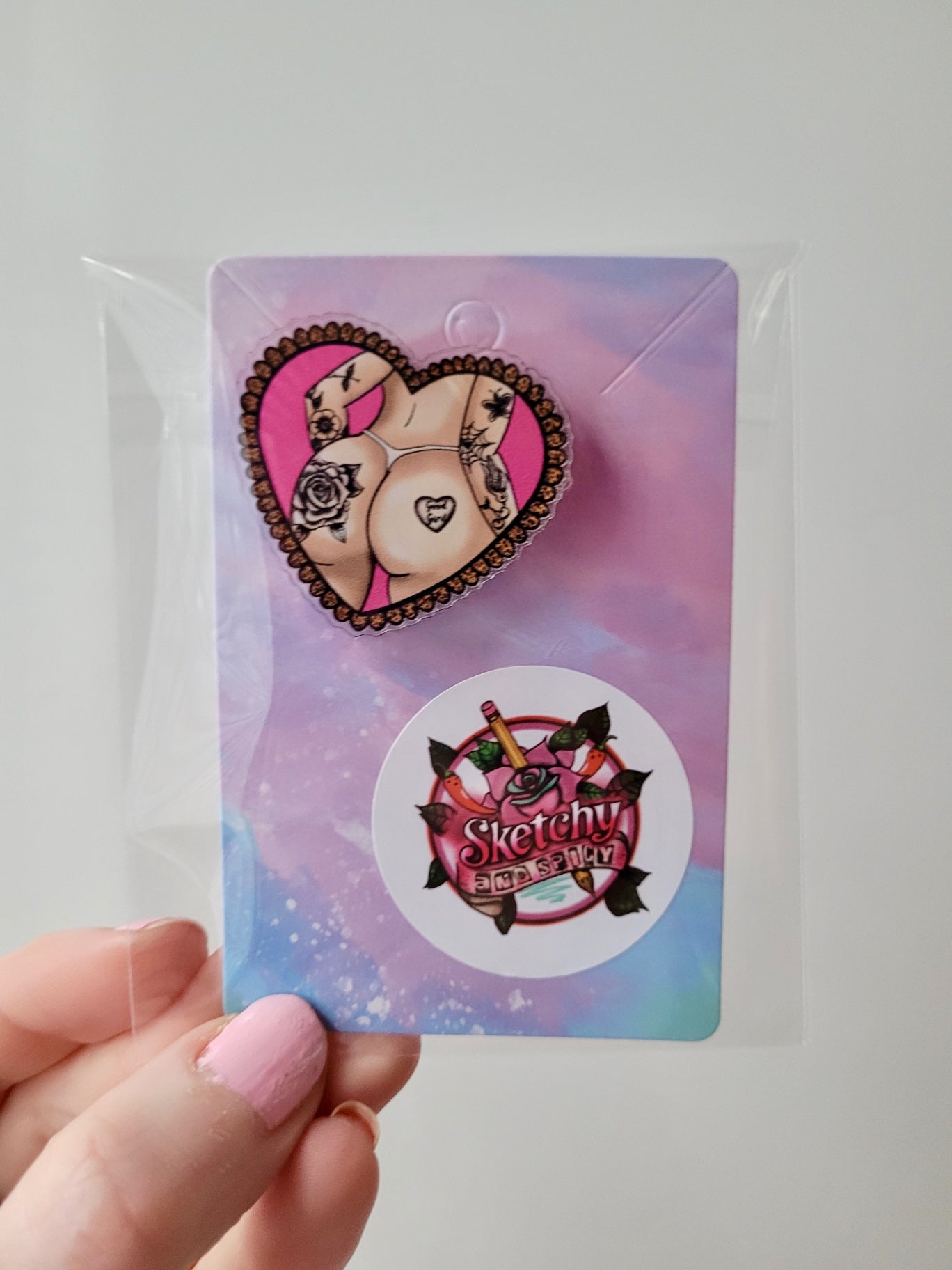 Good Girl Tattooed Bum Acrylic Pin Heart Badge