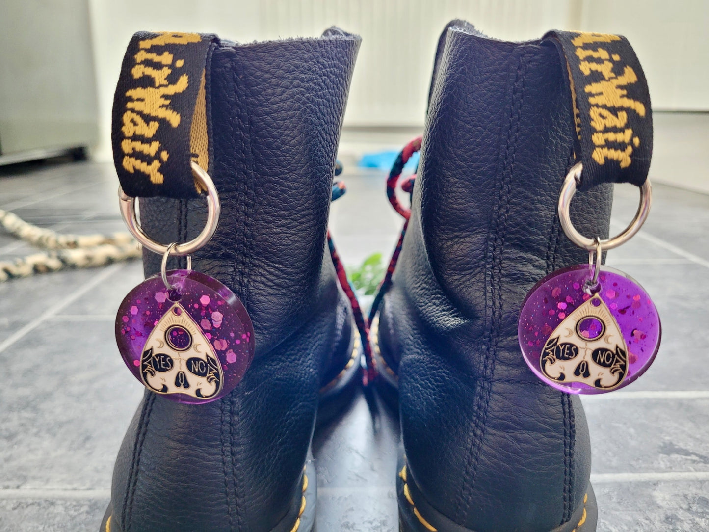 Witchy Ouija Boot Charms – Purple Glitter Resin with YES/NO Planchettes
