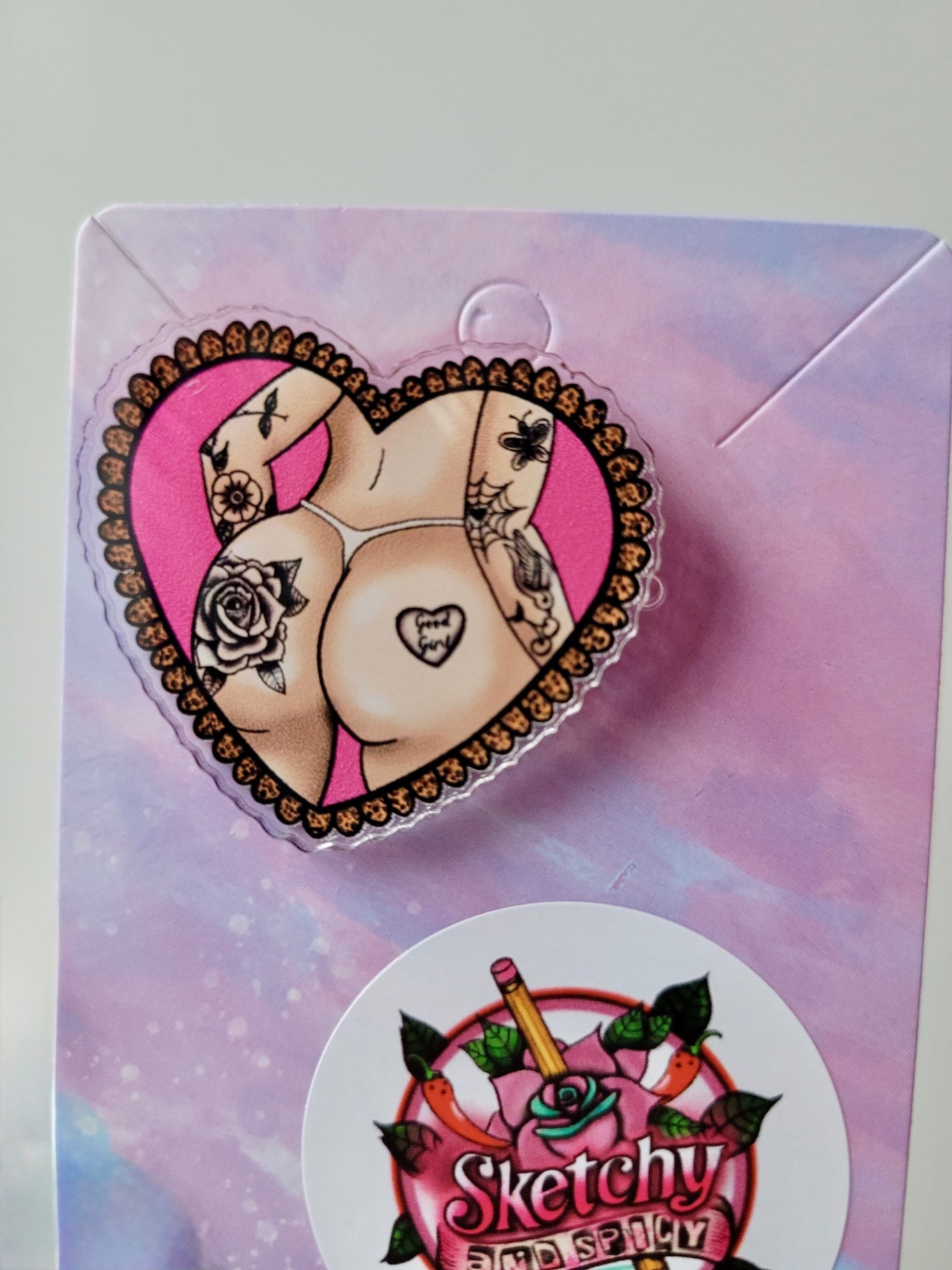 Good Girl Tattooed Bum Acrylic Pin Heart Badge