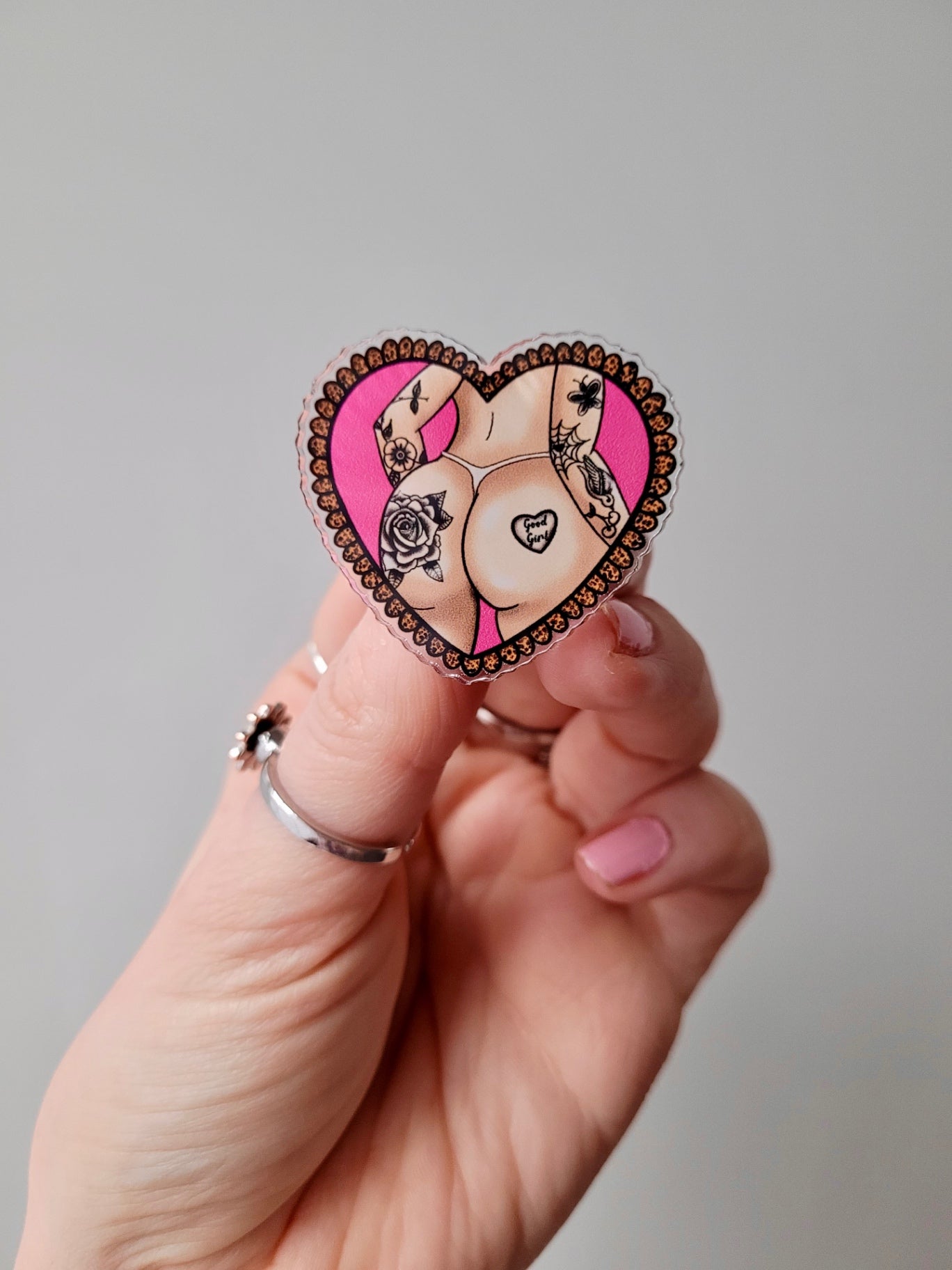 Good Girl Tattooed Bum Acrylic Pin Heart Badge