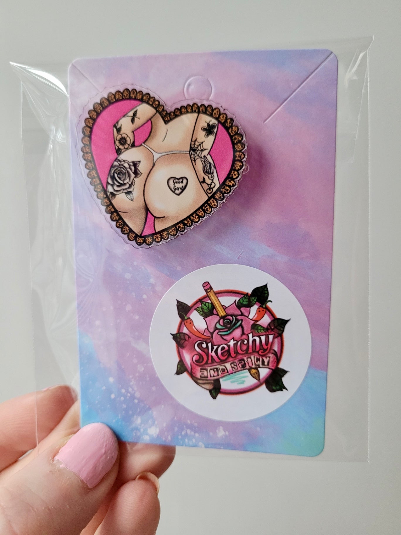 Good Girl Tattooed Bum Acrylic Pin Heart Badge
