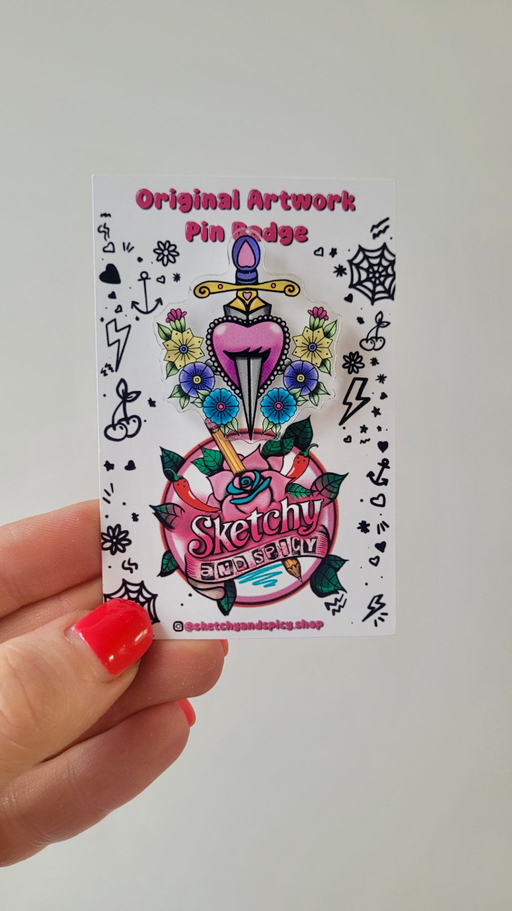 Floral Heart & Dagger Acrylic Pin – Alt Tattoo Inspired Art