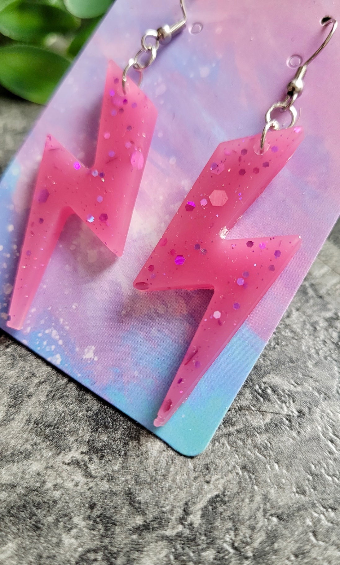 Pink Shimmer Lightning Bolt Earrings - Stainless Steel Hooks