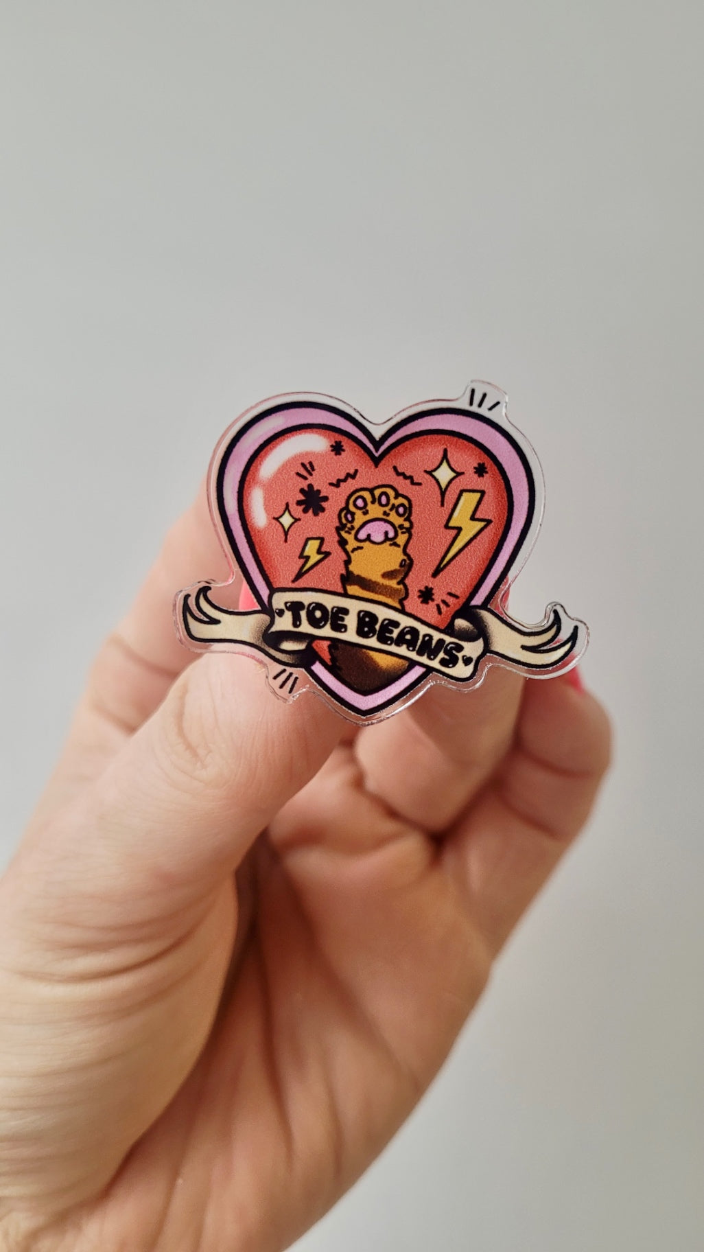 Toe Beans Acrylic Pin Badge – Cat Paw Tattoo Inspired Heart & Scroll Design