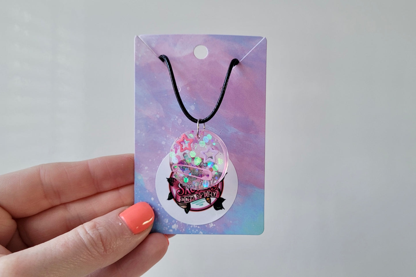 Pastel Star & Safety Pin Resin Necklace - Black Cord 50 + 5cm